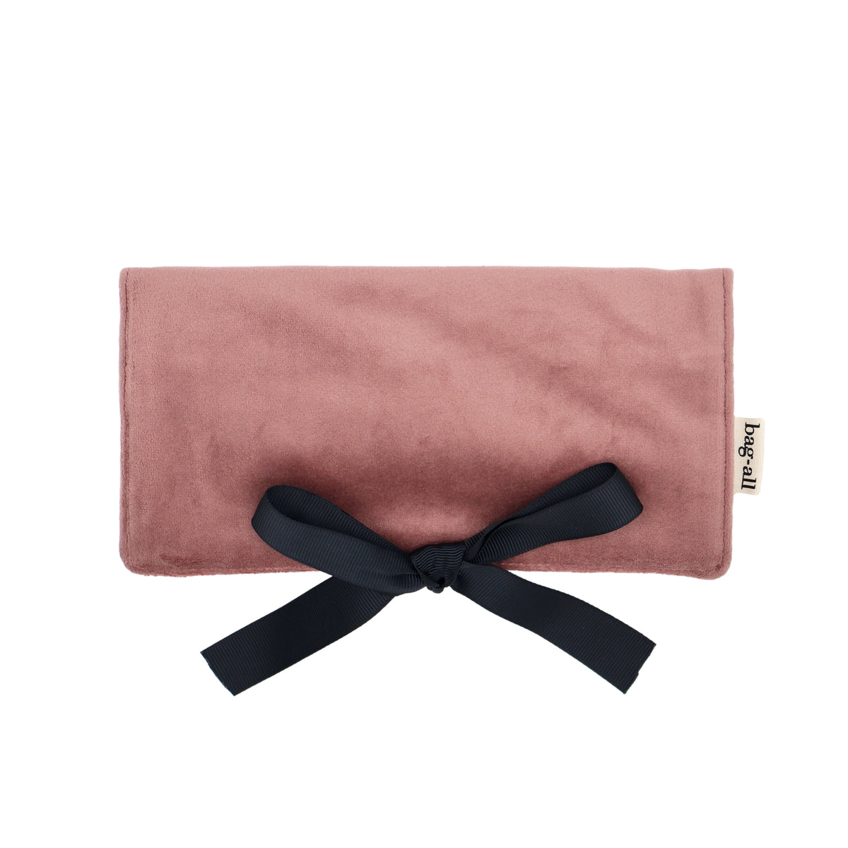 Bag-all Couture Jewelry Roll, Medium – Eco Velvet – Blush Pink, blush pink velvet roll tied with black ribbon
