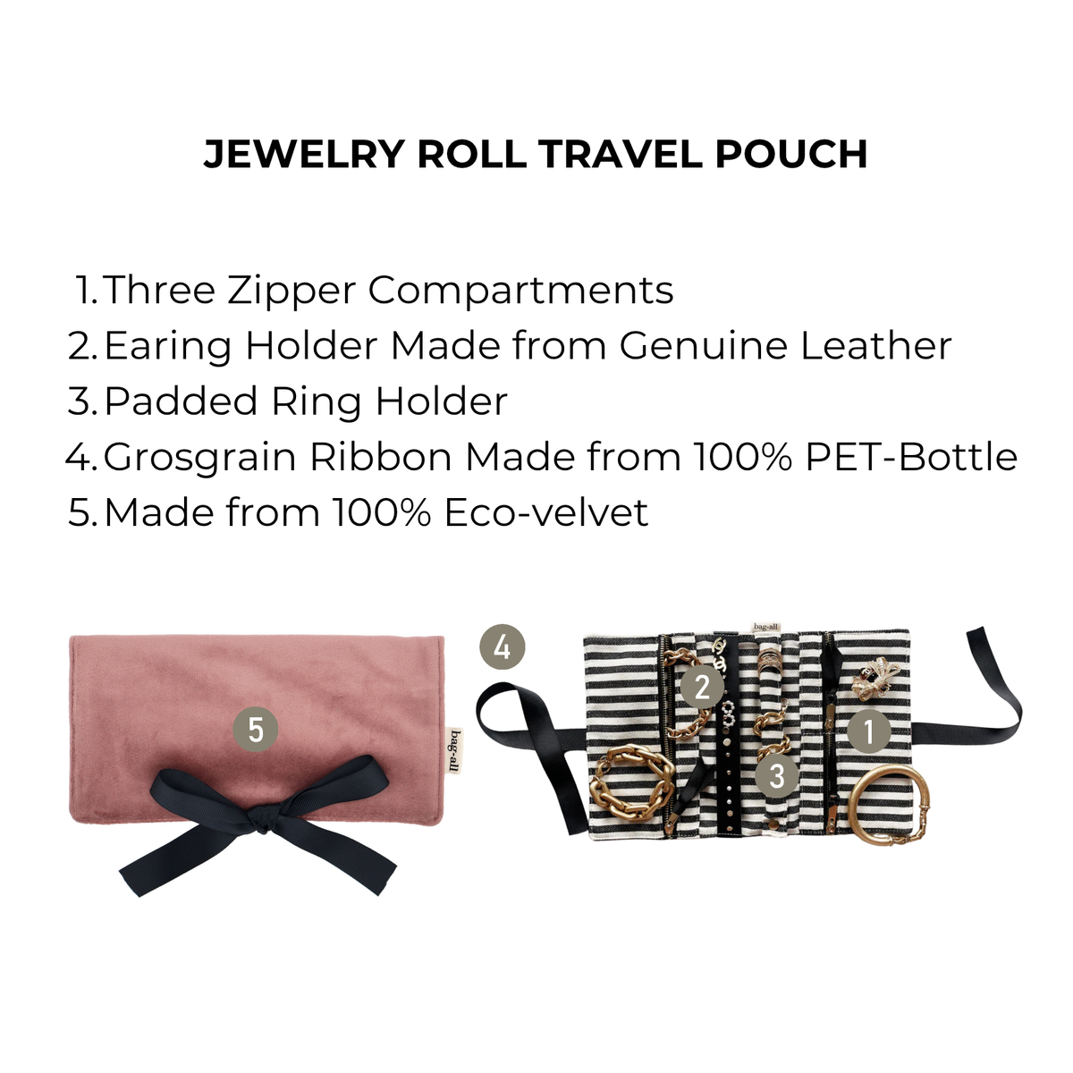 Couture Jewelry Roll, Medium – Eco Velvet – Blush Pink by Bag-all, travel pouch with three zipper compartments and ring loop