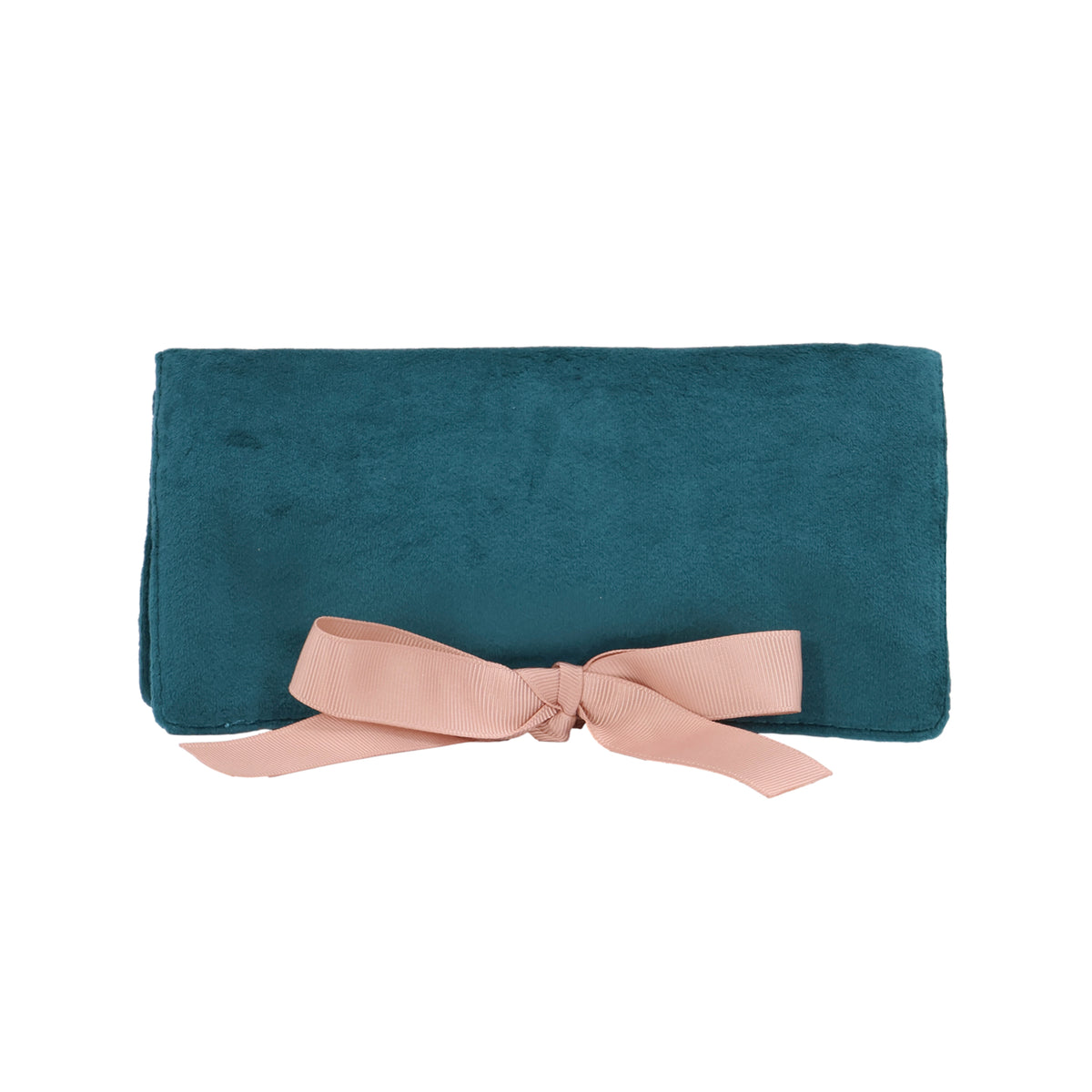 Couture Jewelry Roll, Medium – Eco Velvet – Aqua Teal by Bag-all, teal velvet jewelry roll with pink ribbon