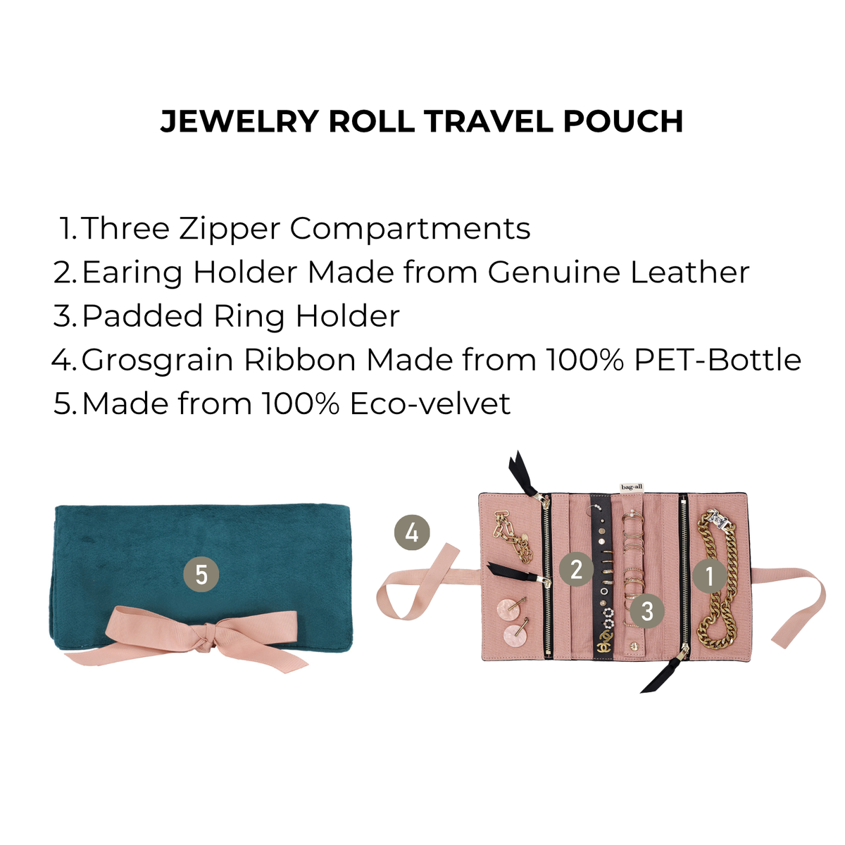 Couture Jewelry Roll, Medium – Eco Velvet – Aqua Teal with three compartments for organized travel by Bag-all