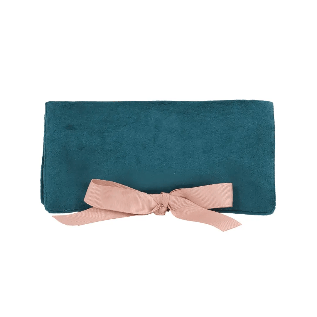 Bag-all Couture Jewelry Roll, Medium – Eco Velvet – Aqua Teal in teal with pink ribbon for travel organization