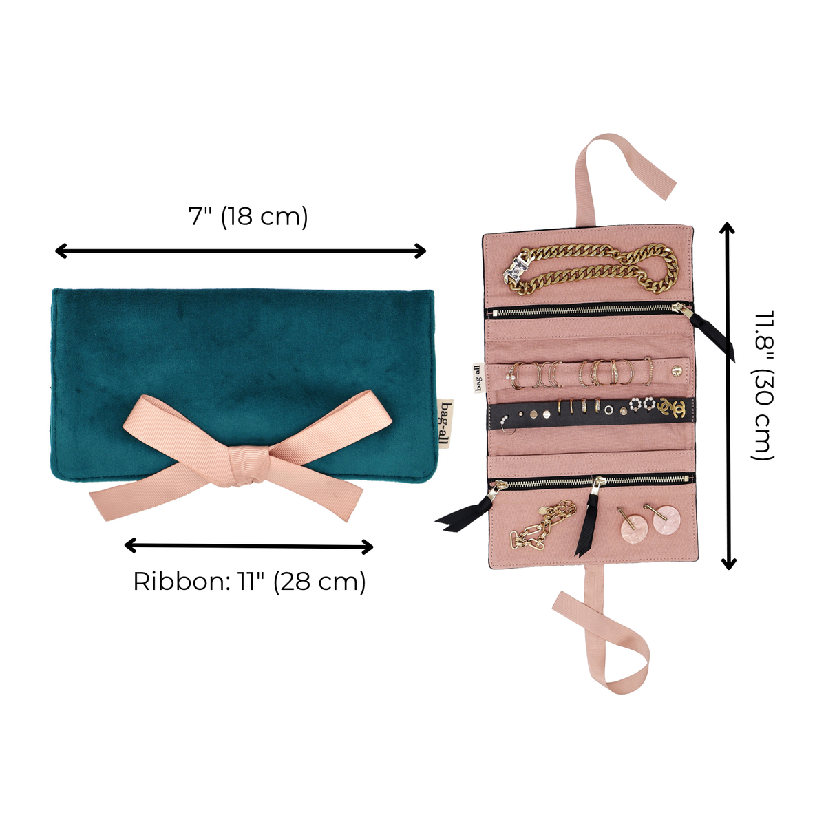 Size chart for Couture Jewelry Roll, Medium – Eco Velvet – Aqua Teal by Bag-all showing 7 inch width and 11.8 inch height