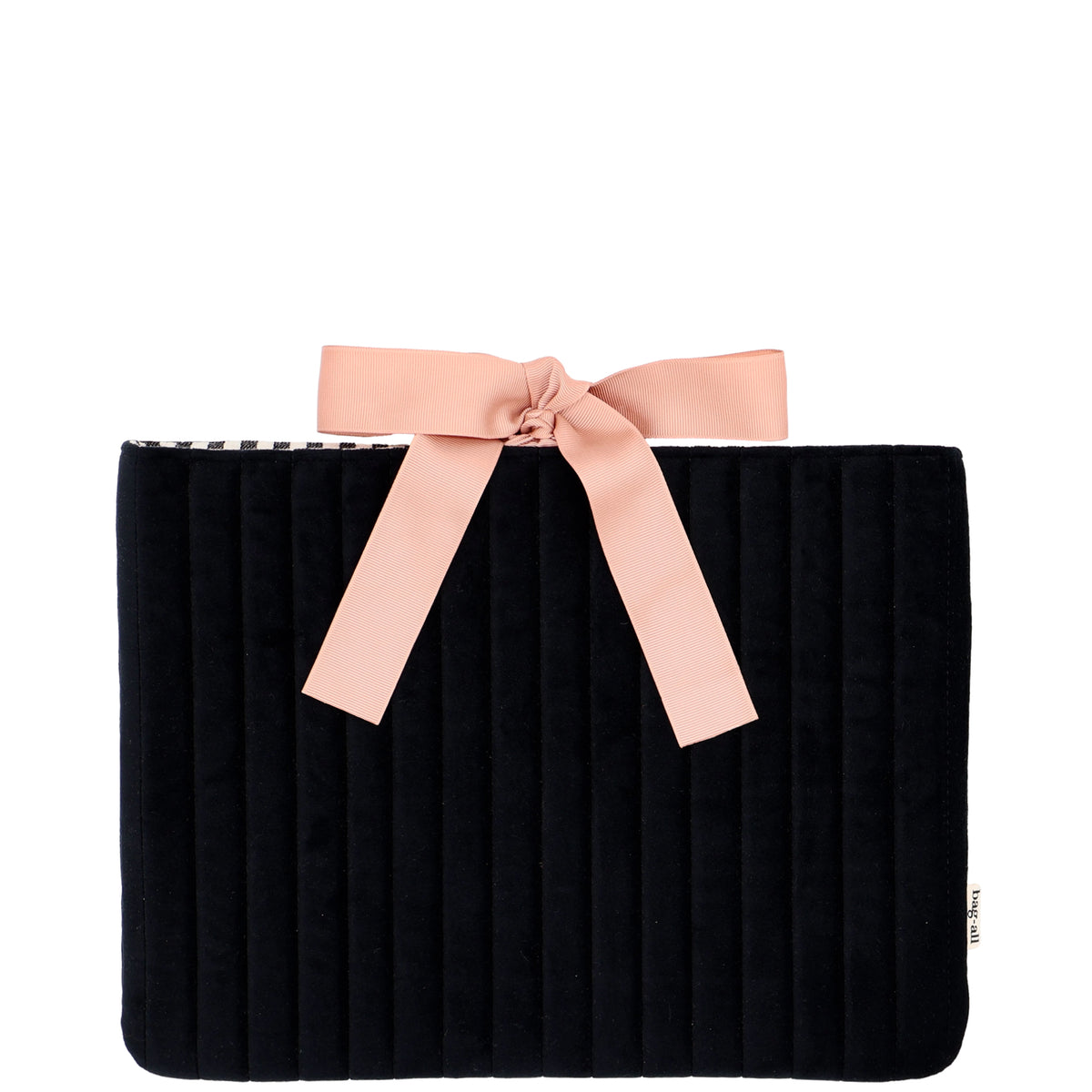 Bag-all black quilted travel pouch with a soft pink bow for stylish organization and travel essentials