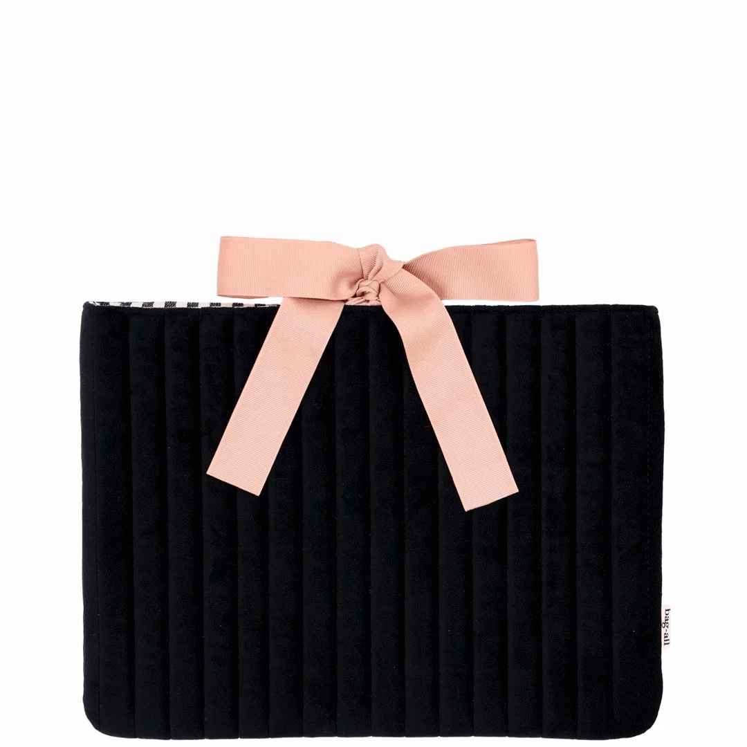 Laptop Sleeve 13" – Eco Velvet – Jetset Black black velvet sleeve with pink bow by Bag-all for travel organization