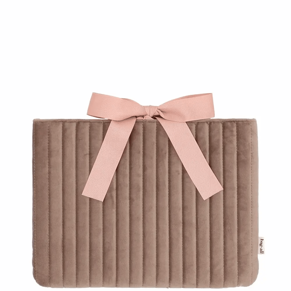 Laptop Sleeve 13" – Velvet – Latte Taupe by Bag-all in quilted taupe velvet with pink bow for travel organization