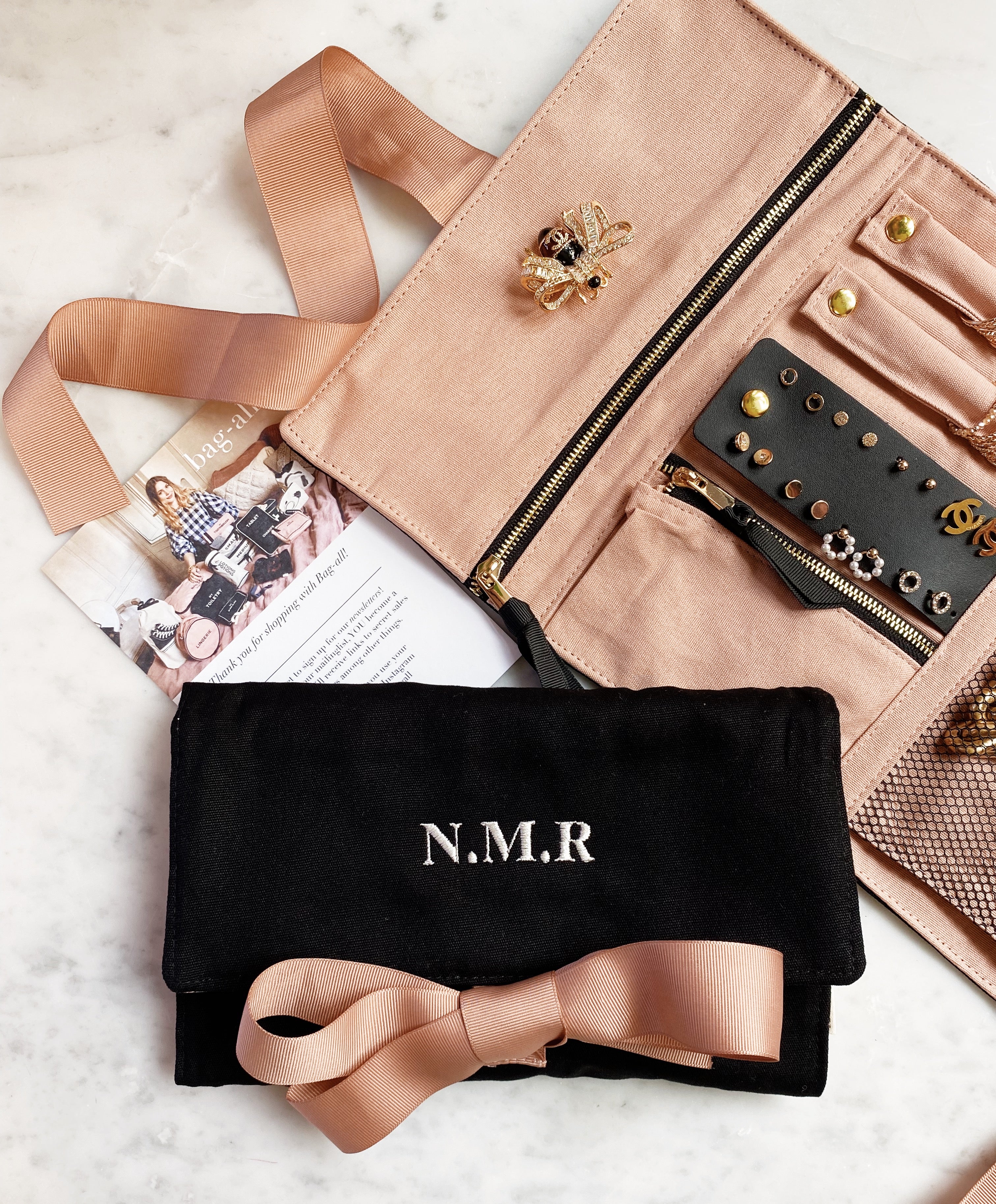 Bag-all Large Jewelry Roll in black with monogram option - elegant travel organizer featuring multiple compartments, secure closures, and premium fabric for stylish jewelry storage and protection