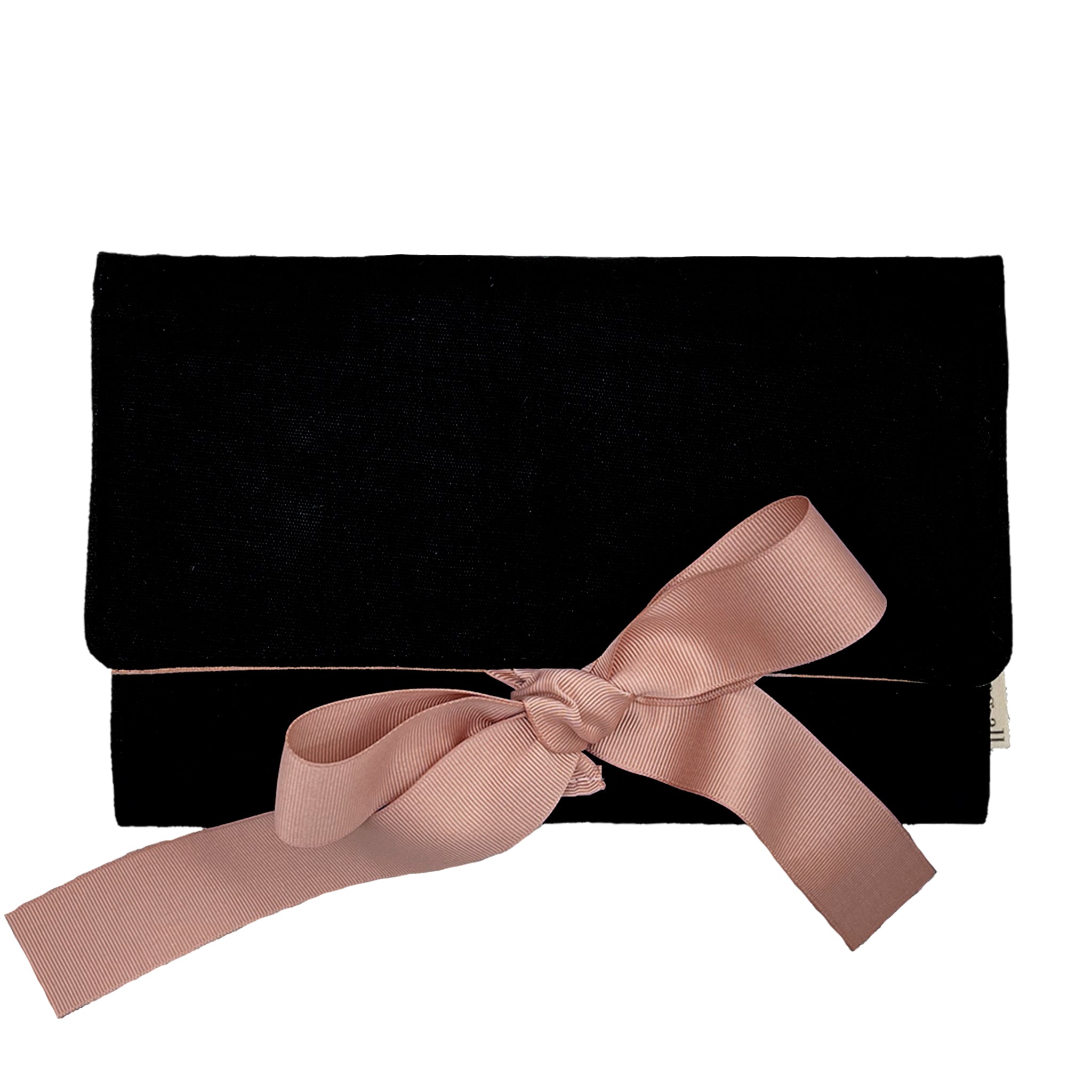 Bag-all Large Jewelry Roll in black velvet with elegant pink bow, featuring a travel-ready design for organizing and protecting precious jewelry while maintaining style