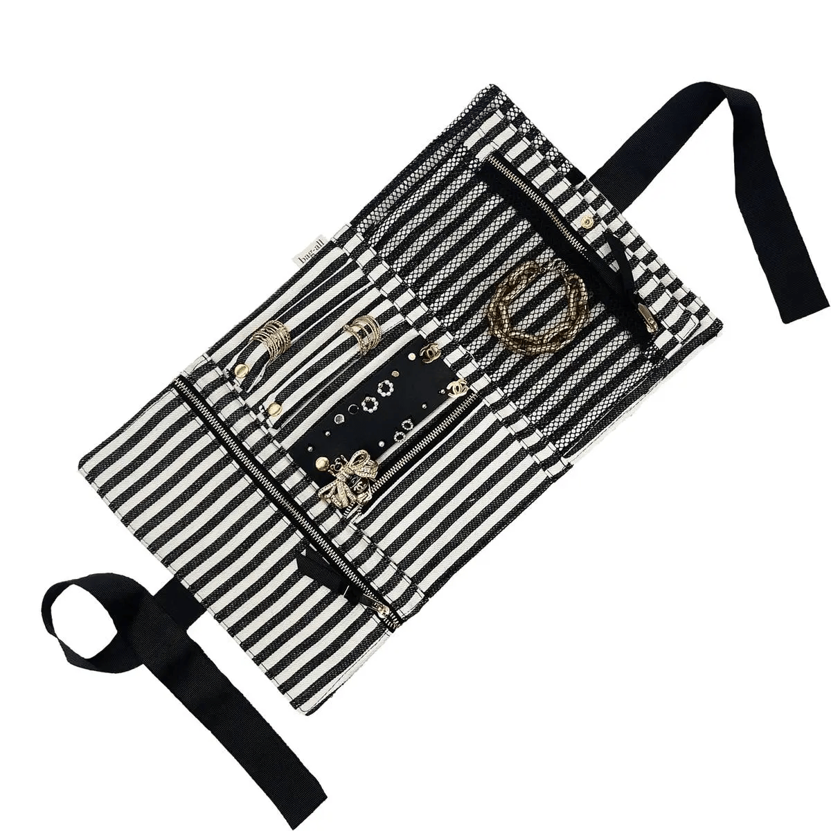 Bag-all Large Jewelry Roll in stylish black and white stripes, featuring multiple compartments, secure closures, and black ribbon ties for elegant jewelry storage and travel organization