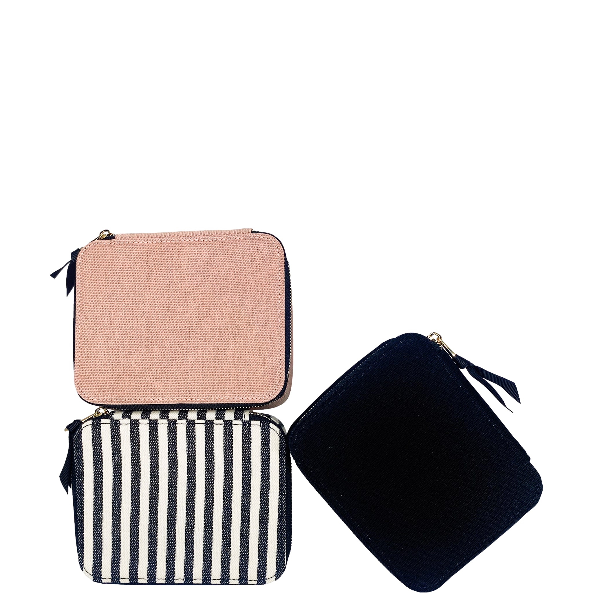 Bag-all Cosmetics/Trinket Box in pink, black, and striped designs featuring gold zippers and stylish canvas material - perfect for organizing makeup and accessories