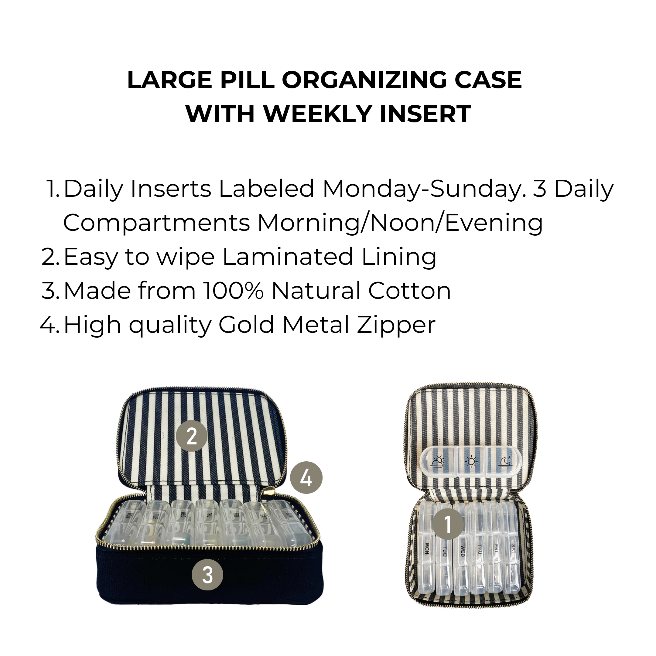 Bag-all Large Pill Travel Case with black cotton exterior and striped interior, featuring 7-day organizer with morning/noon/evening compartments, gold zipper, and laminated lining for easy cleaning
