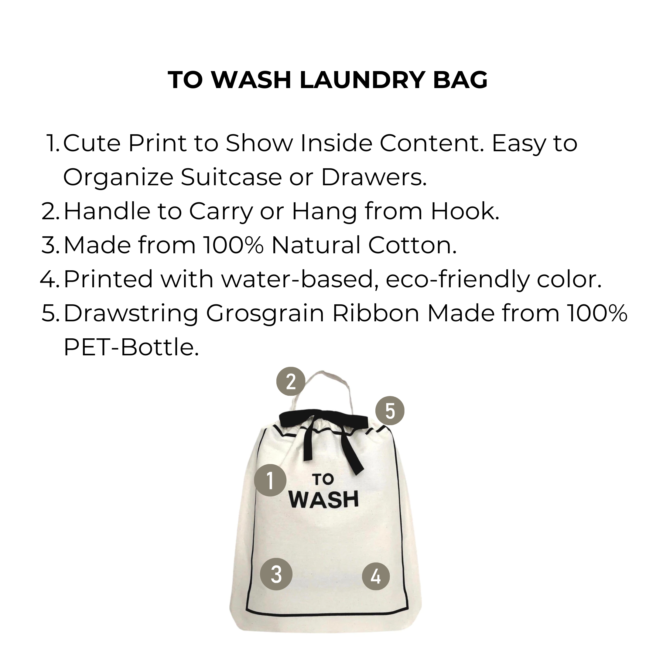 Bag-all To Wash Laundry Bag in cream with black text, featuring eco-friendly cotton construction, hanging handle, and recycled drawstring closure. Perfect for organizing dirty clothes while traveling or at home.