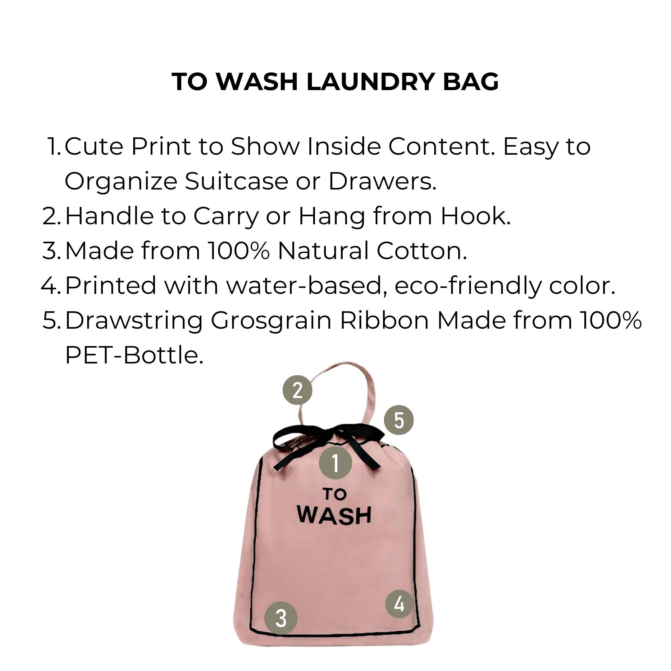 Bag-all To Wash Laundry Bag in pink blush, featuring natural cotton construction, black drawstring closure, and hanging handle. Perfect for organizing dirty clothes at home or travel.