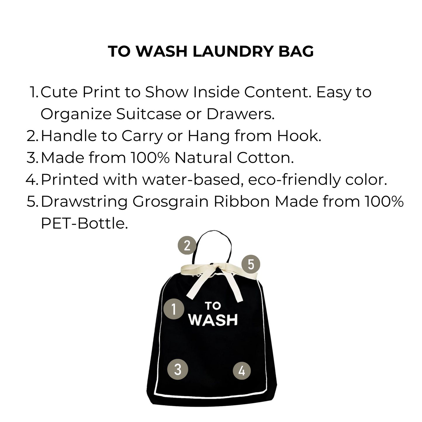 Bag-all To Wash Laundry Bag in black cotton with eco-friendly print and recycled drawstring, perfect for organizing dirty clothes while traveling or at home