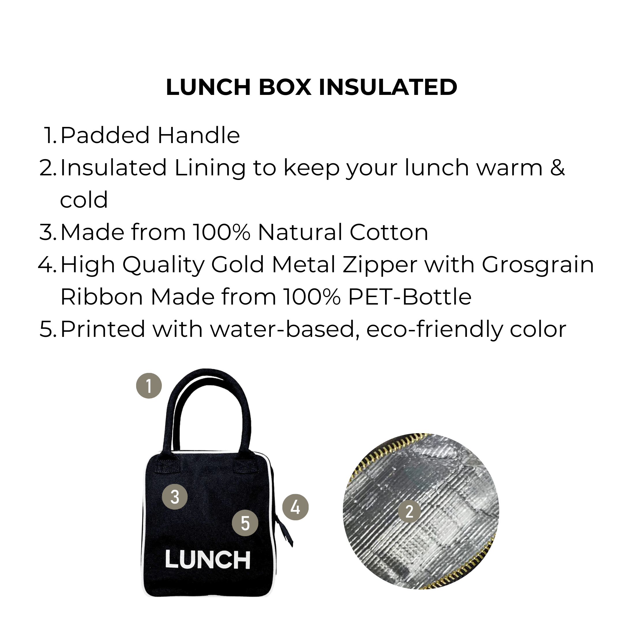 Bag-all Black Insulated Lunch Box with padded handle, eco-friendly cotton material, thermal lining and premium metal zipper - perfect for keeping meals fresh and stylish on-the-go