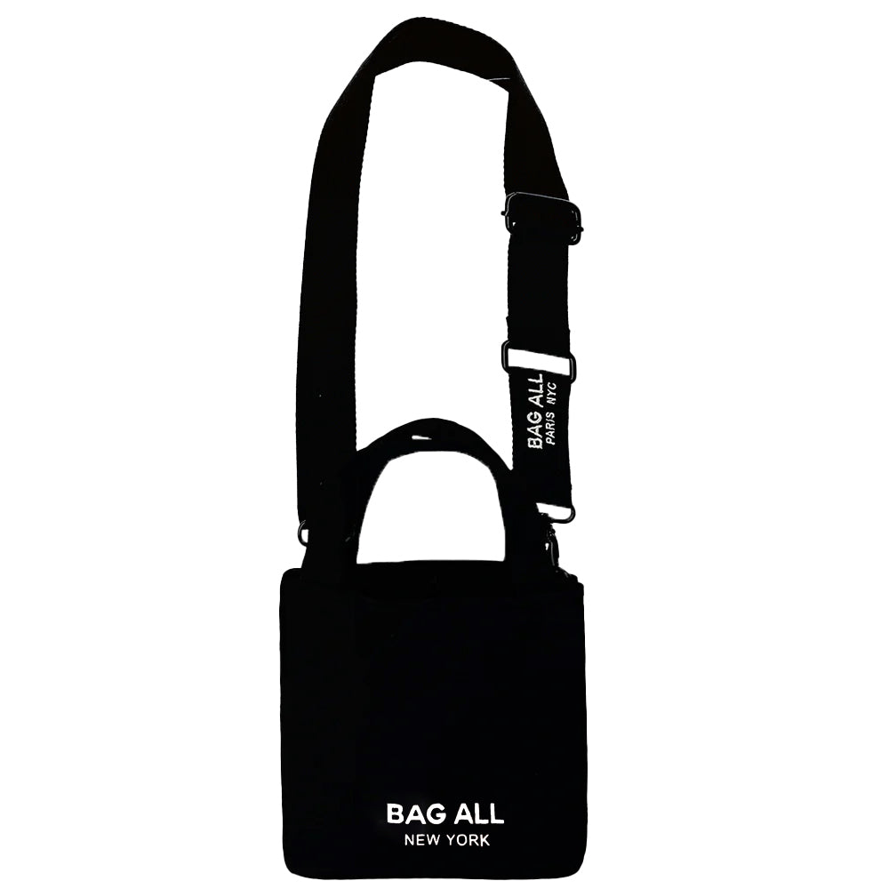 Bag-all Mini Tote Bag with Strap in black cotton featuring adjustable shoulder strap, interior pocket, and signature New York branding, perfect for everyday essentials