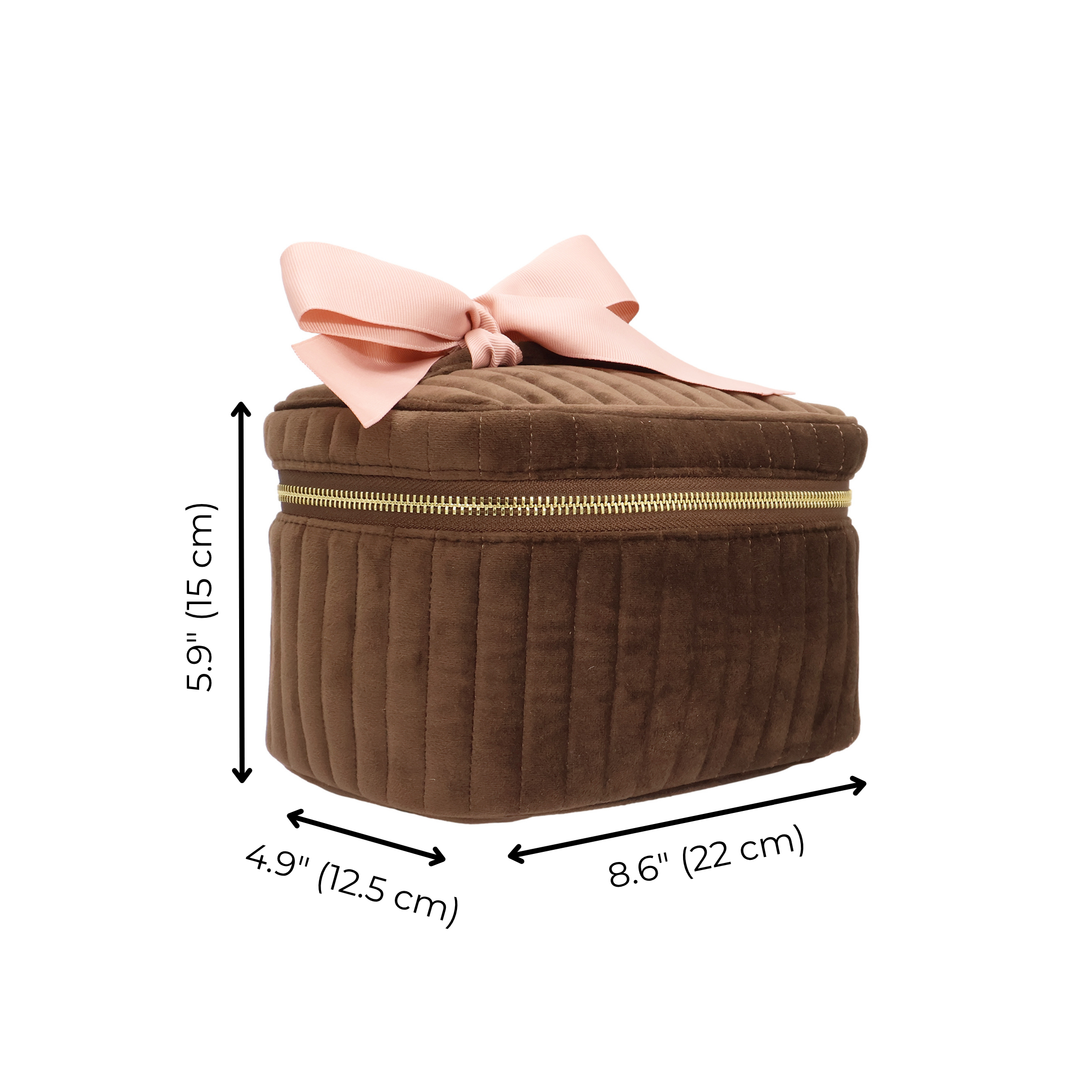 My Makeup Cosmetic Box – Quilted Eco Velvet – Espresso Brown with pink bow and gold zipper, crafted for personalized travel organization by Bag-all.