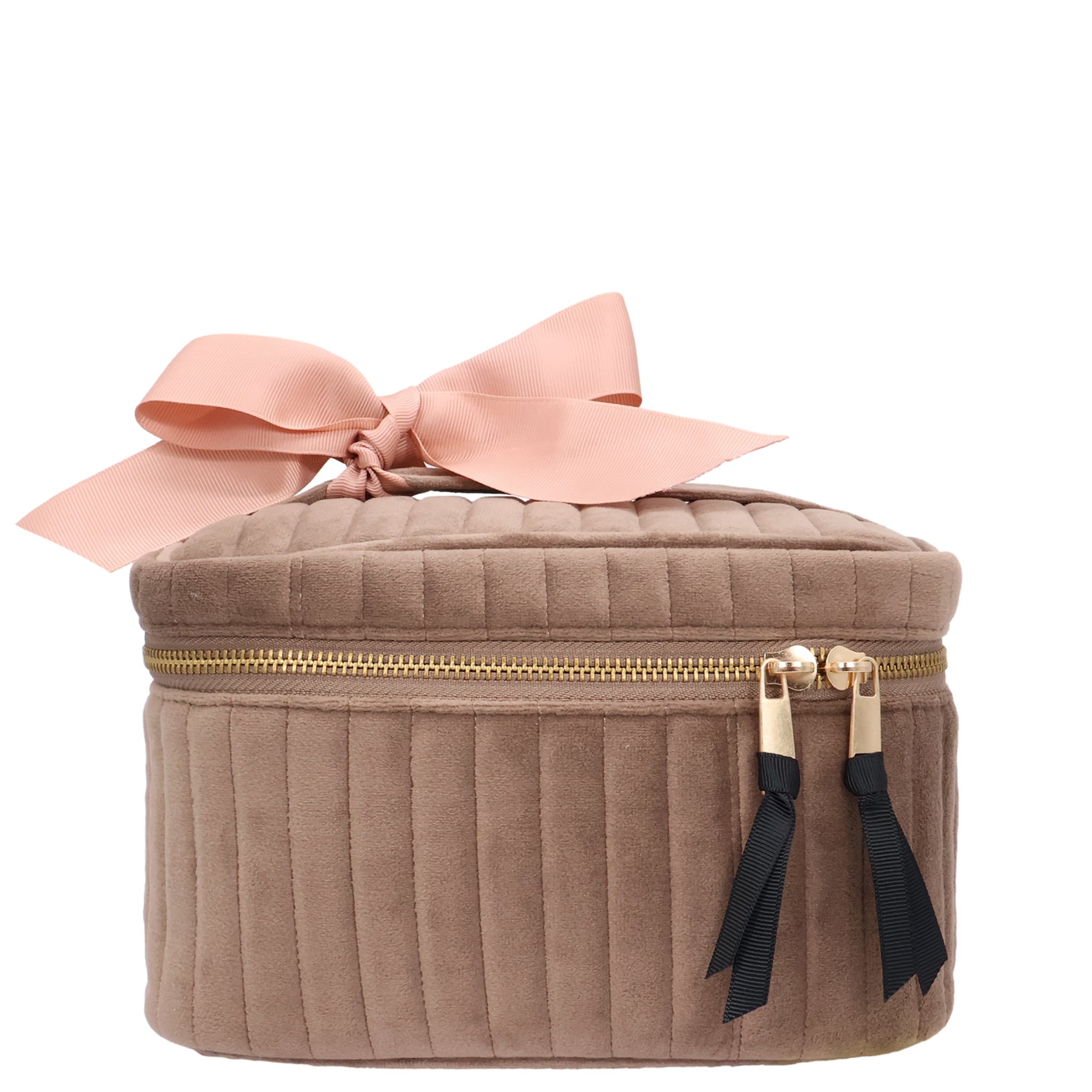 My Makeup Cosmetic Box – Quilted Eco Velvet – Latte Taupe featuring soft eco velvet, gold zipper, pink bow, and durable travel organization by Bag-all designed in Paris.