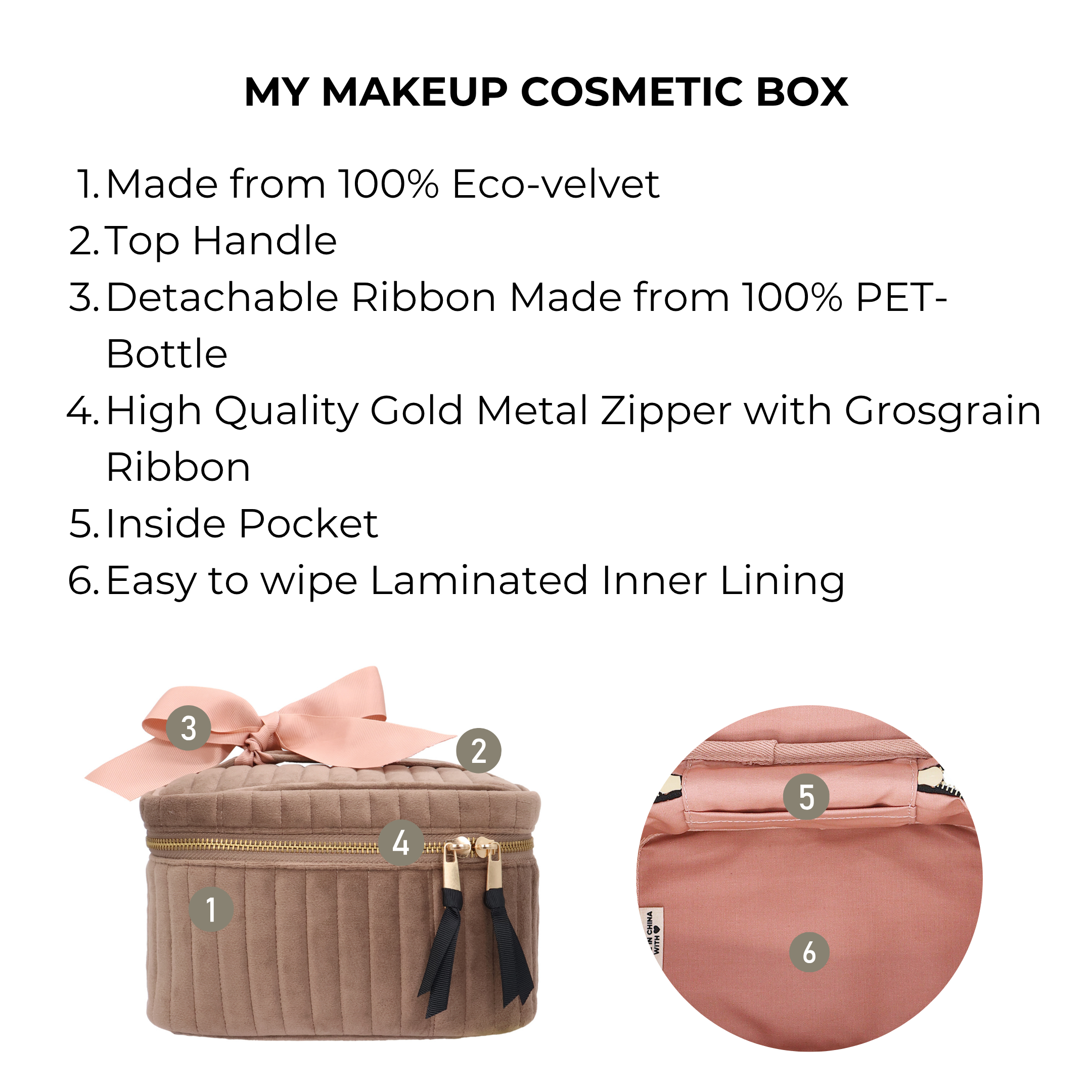 My Makeup Cosmetic Box – Quilted Eco Velvet – Latte Taupe with gold zipper, detachable ribbon, top handle, and wipe-clean lining for personalized travel organization by Bag-all.