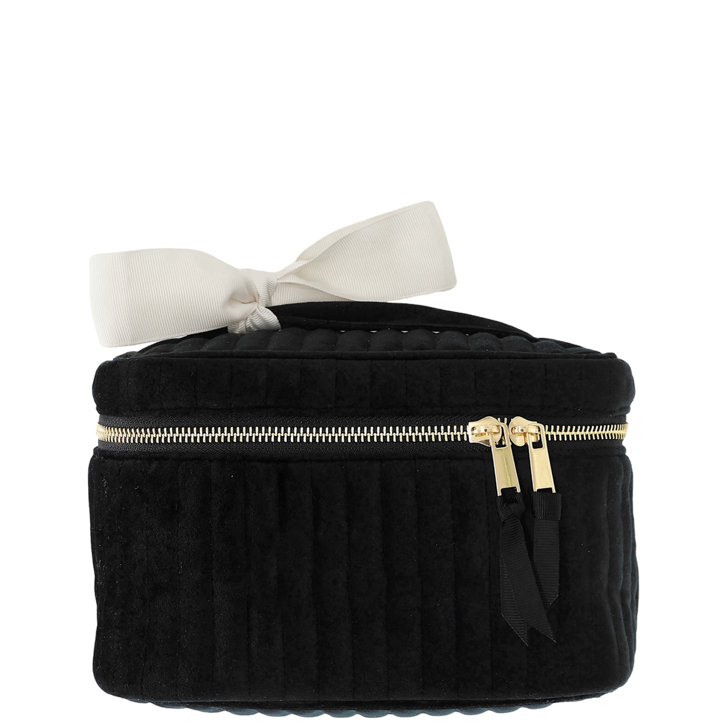 Black quilted velvet cosmetic box with gold zipper and white bow by Bag-all for stylish storage and travel organization