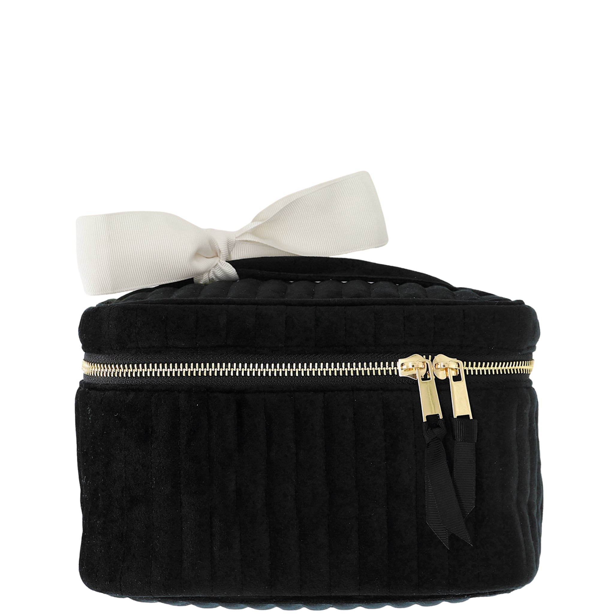 Black quilted velvet cosmetic box with gold zipper and white bow by Bag-all for stylish storage and travel organization