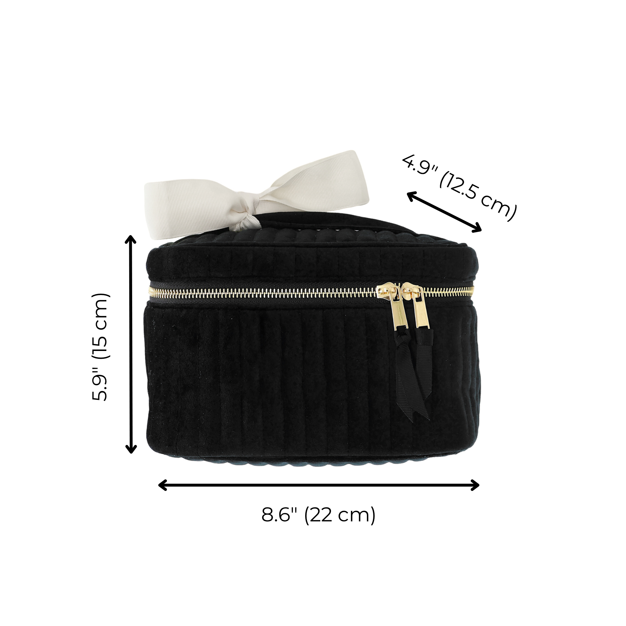 Black velvet quilted makeup box with gold zipper and white bow, compact and stylish by Bag-all
