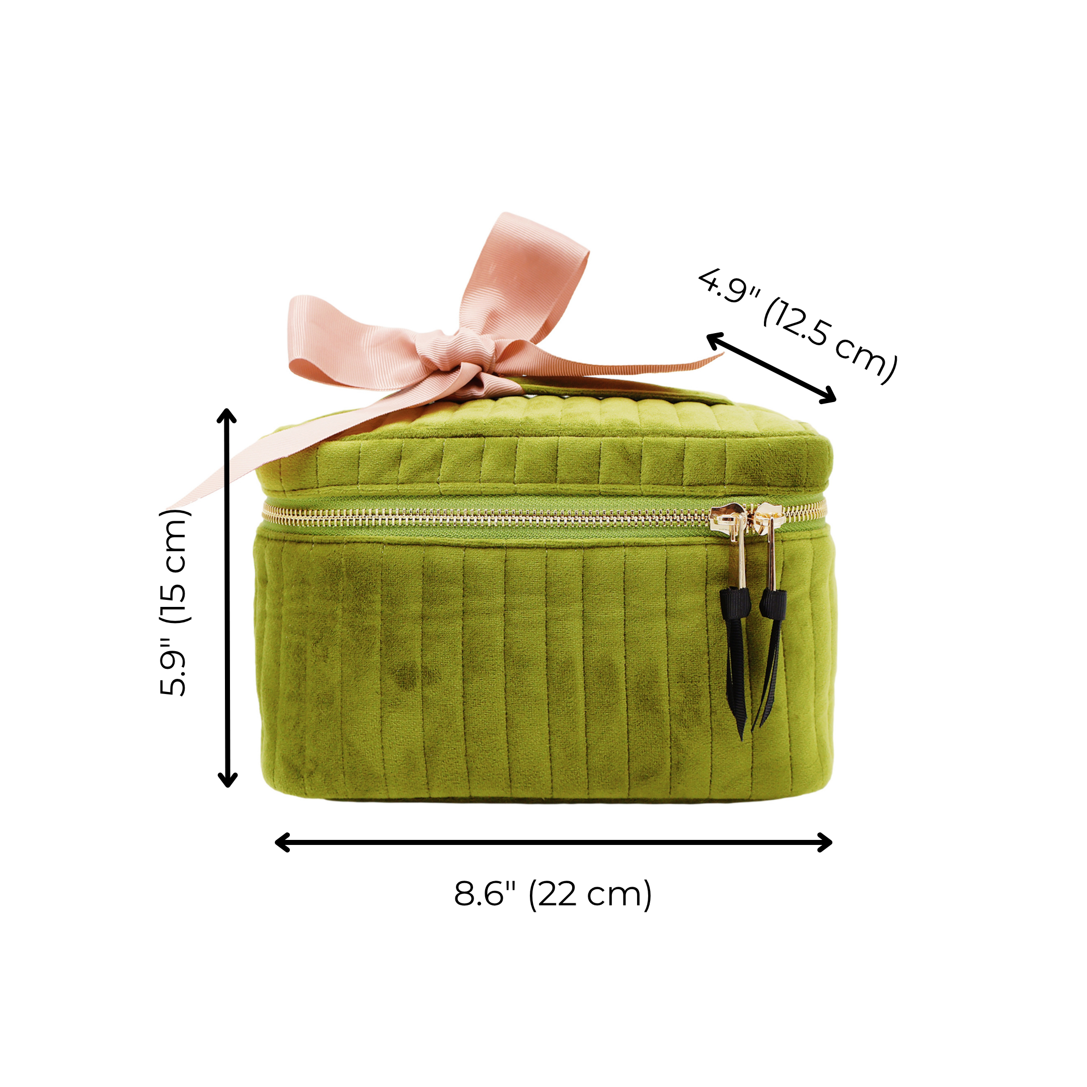 Bag-all My Makeup Cosmetic Box in green velvet with pink bow, waterproof interior, square design measuring 8.6 x 5.9 x 4.9 inches, featuring gold zipper detail and monogram option