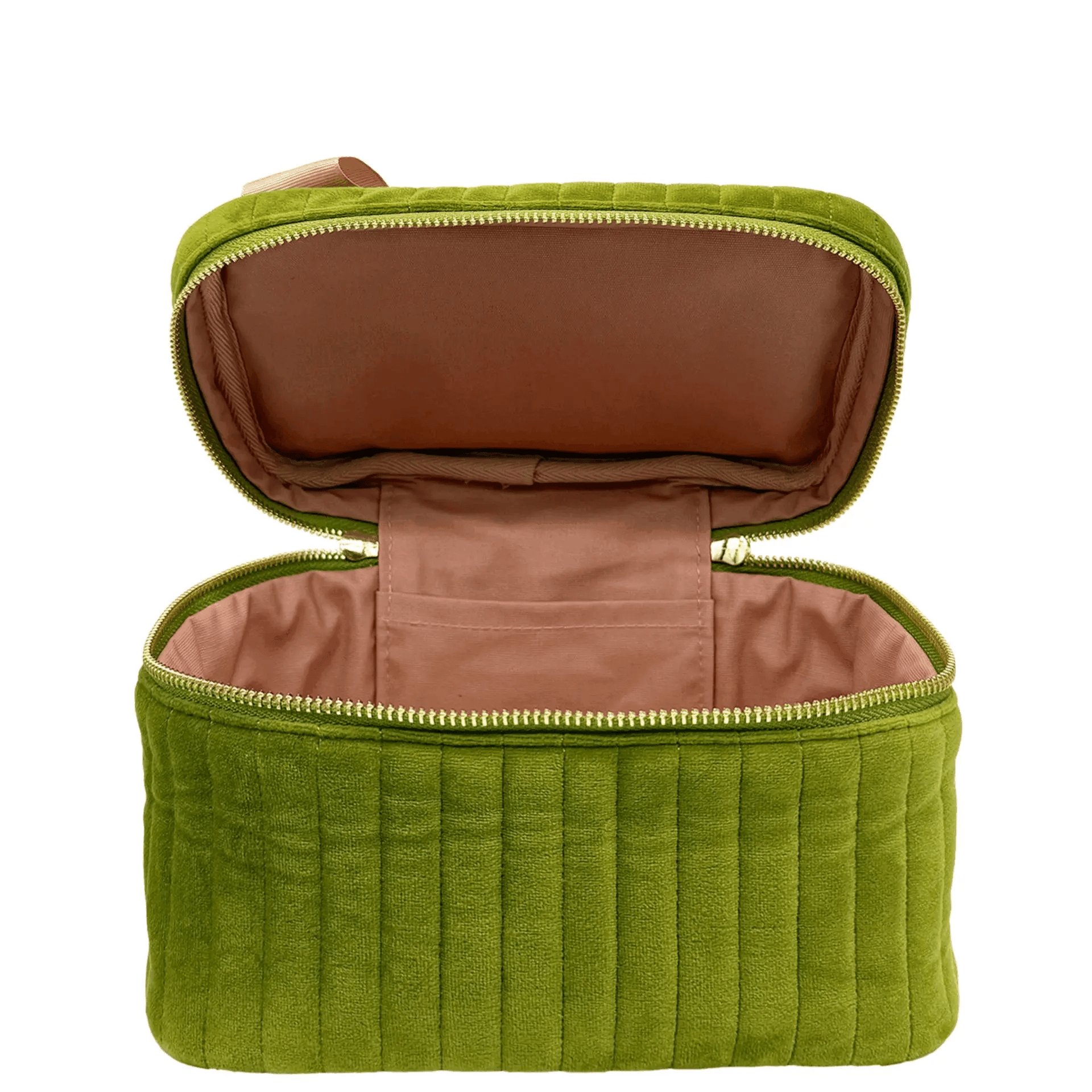 Open green eco-velvet Bag-all makeup and jewelry case with soft pink interior and quilted exterior texture
