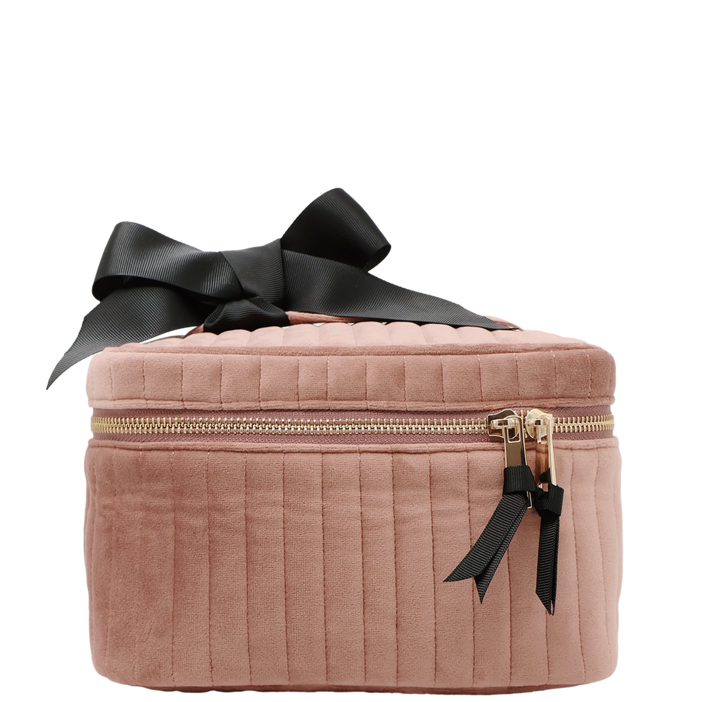 Bag-all quilted pink velvet cosmetic box with black bow and gold zipper for stylish makeup organization