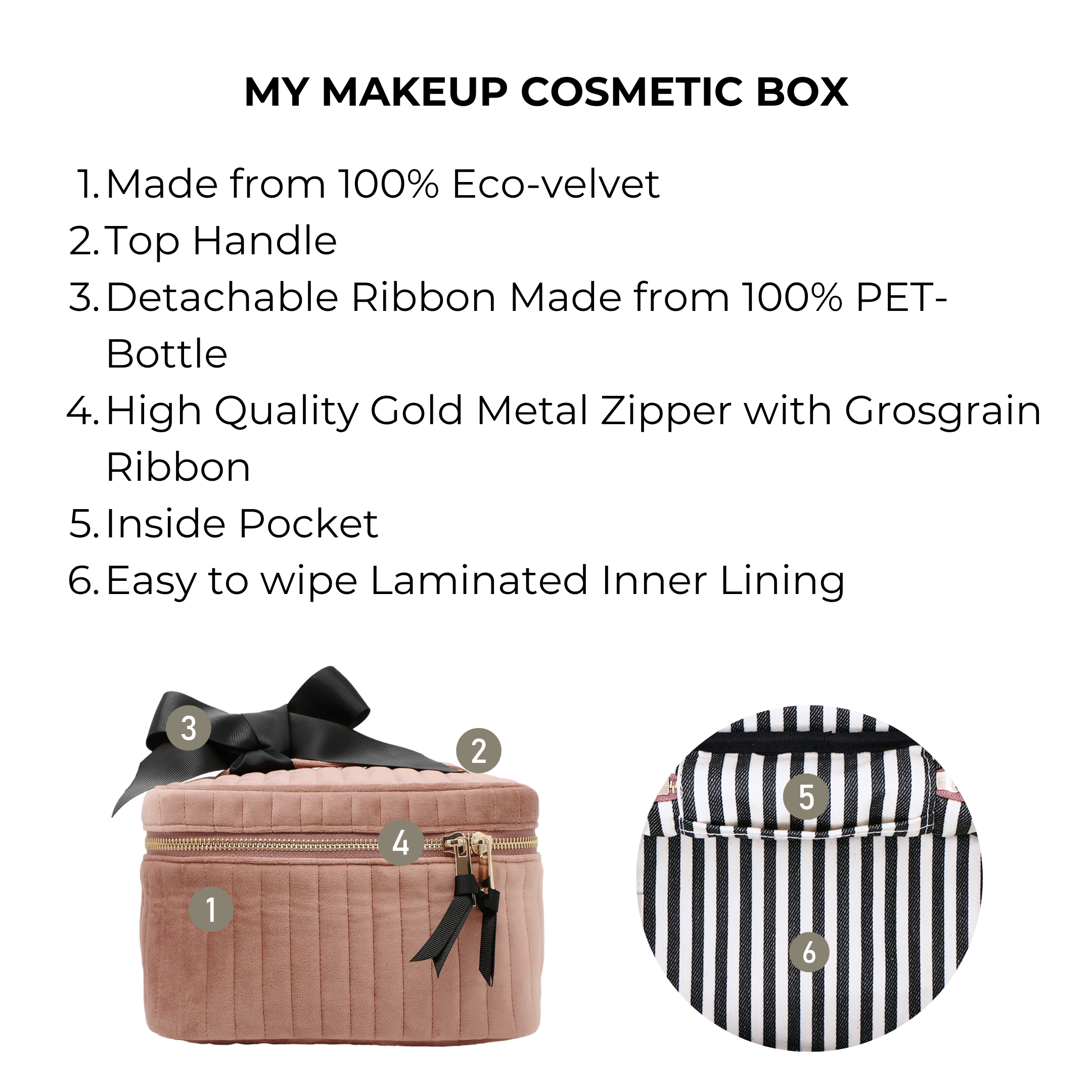 Bag-all quilted pink velvet makeup cosmetic box with top handle, gold zipper, inside pocket, and wipe-clean lining