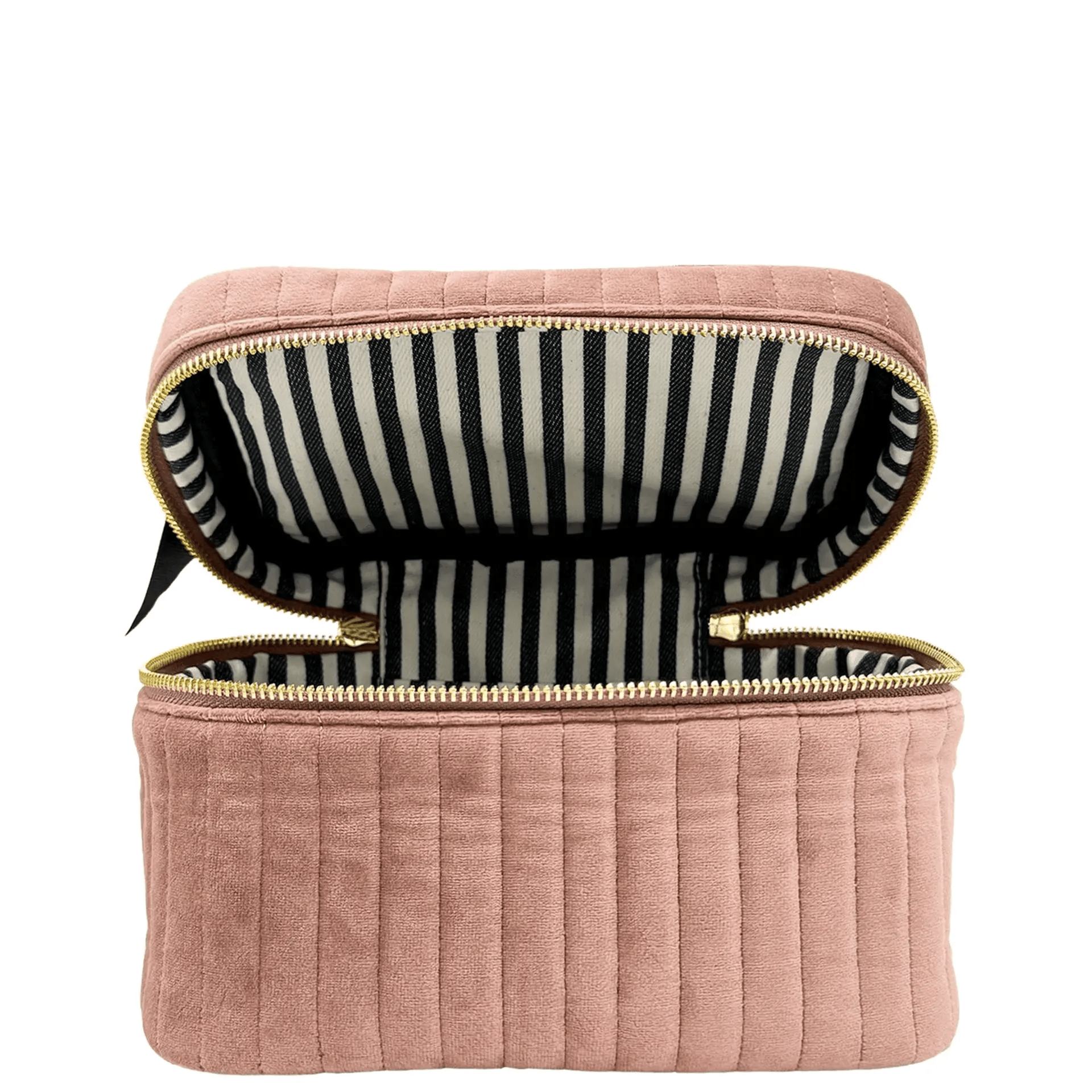 Bag-all quilted pink velvet makeup box with waterproof interior and striped lining for stylish organization
