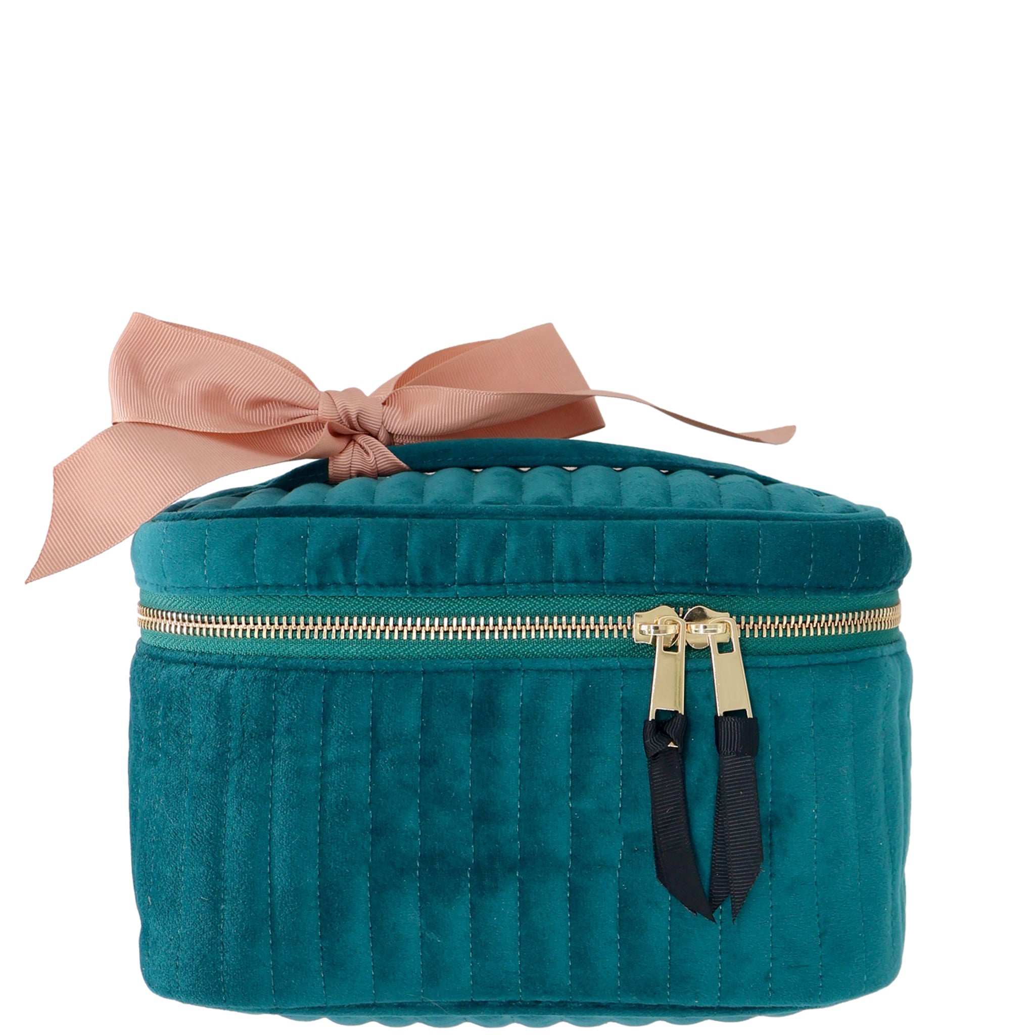 Quilted teal velvet cosmetic box with gold zipper and pink bow by Bag-all, stylish and spacious for makeup storage.