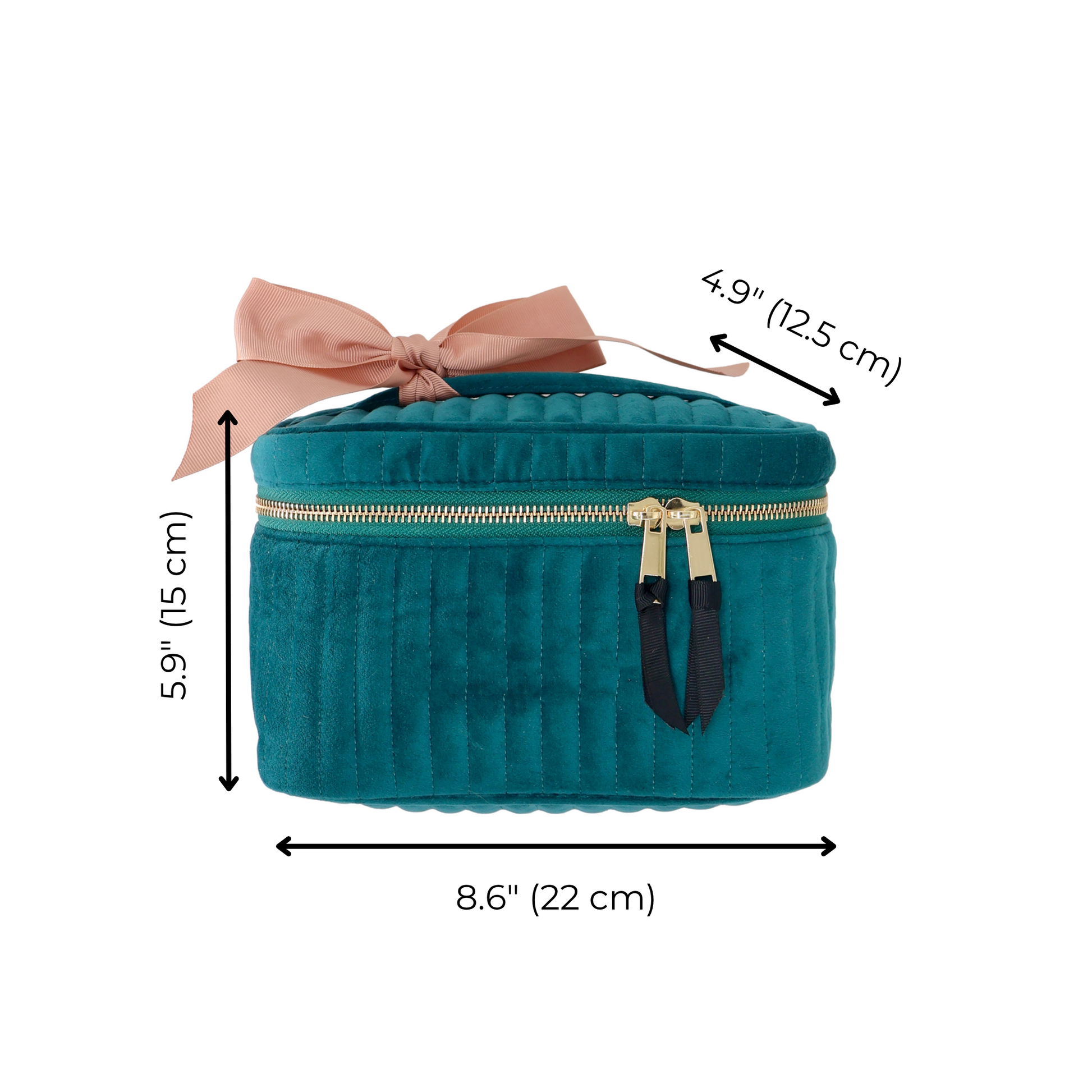 Bag-all quilted teal velvet cosmetic box with waterproof interior and gold zipper for chic makeup storage and travel organization