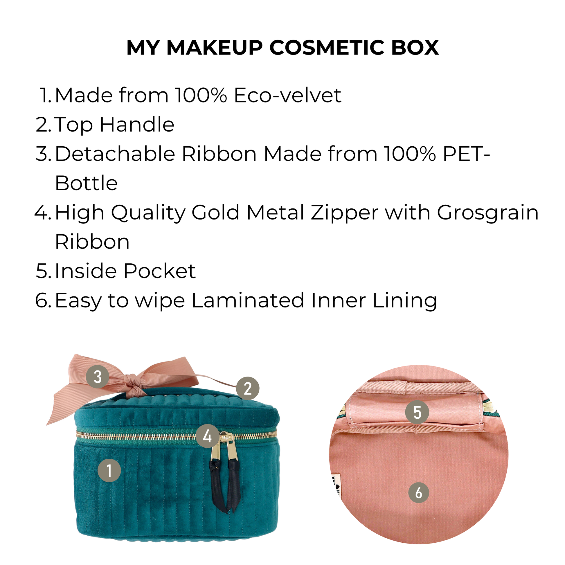 Teal quilted velvet cosmetic box with gold zipper, removable ribbon, handle, inside pocket, and wipeable lining by Bag-all