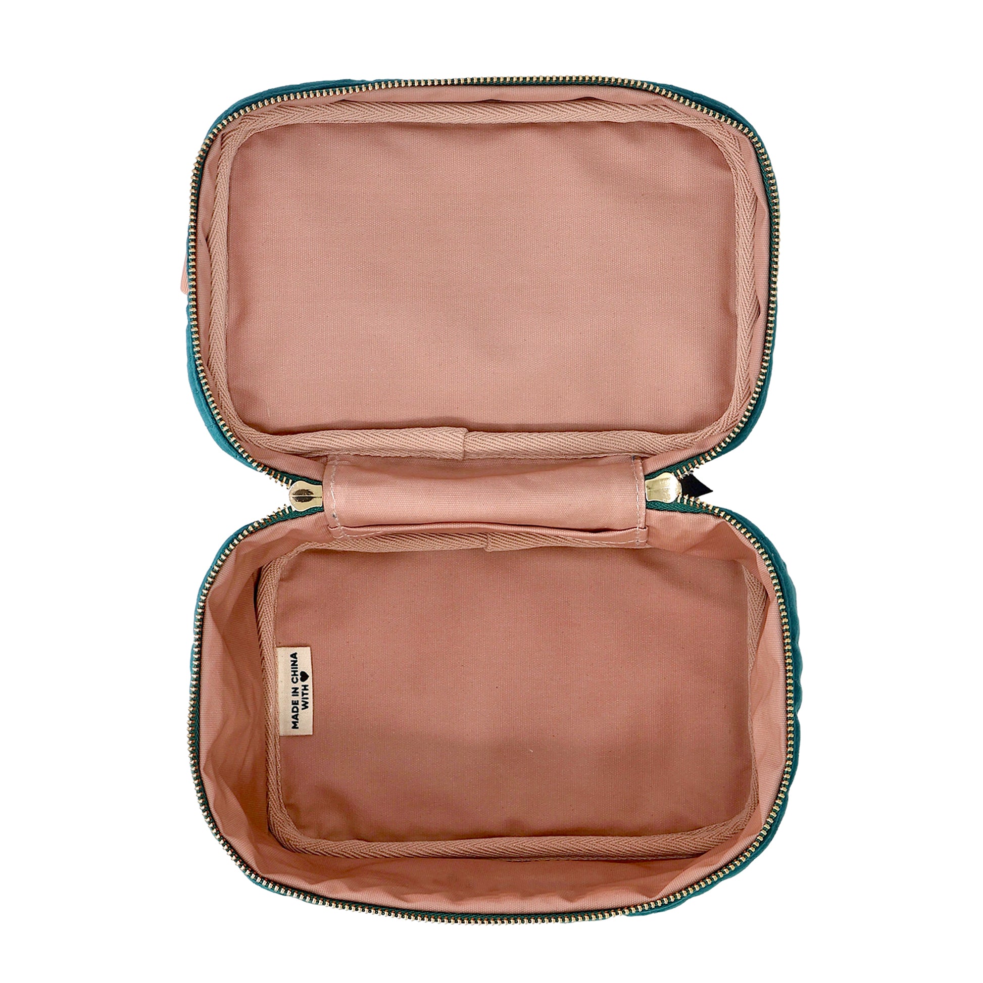Open My Makeup Cosmetic Box in quilted teal velvet with waterproof interior by Bag-all