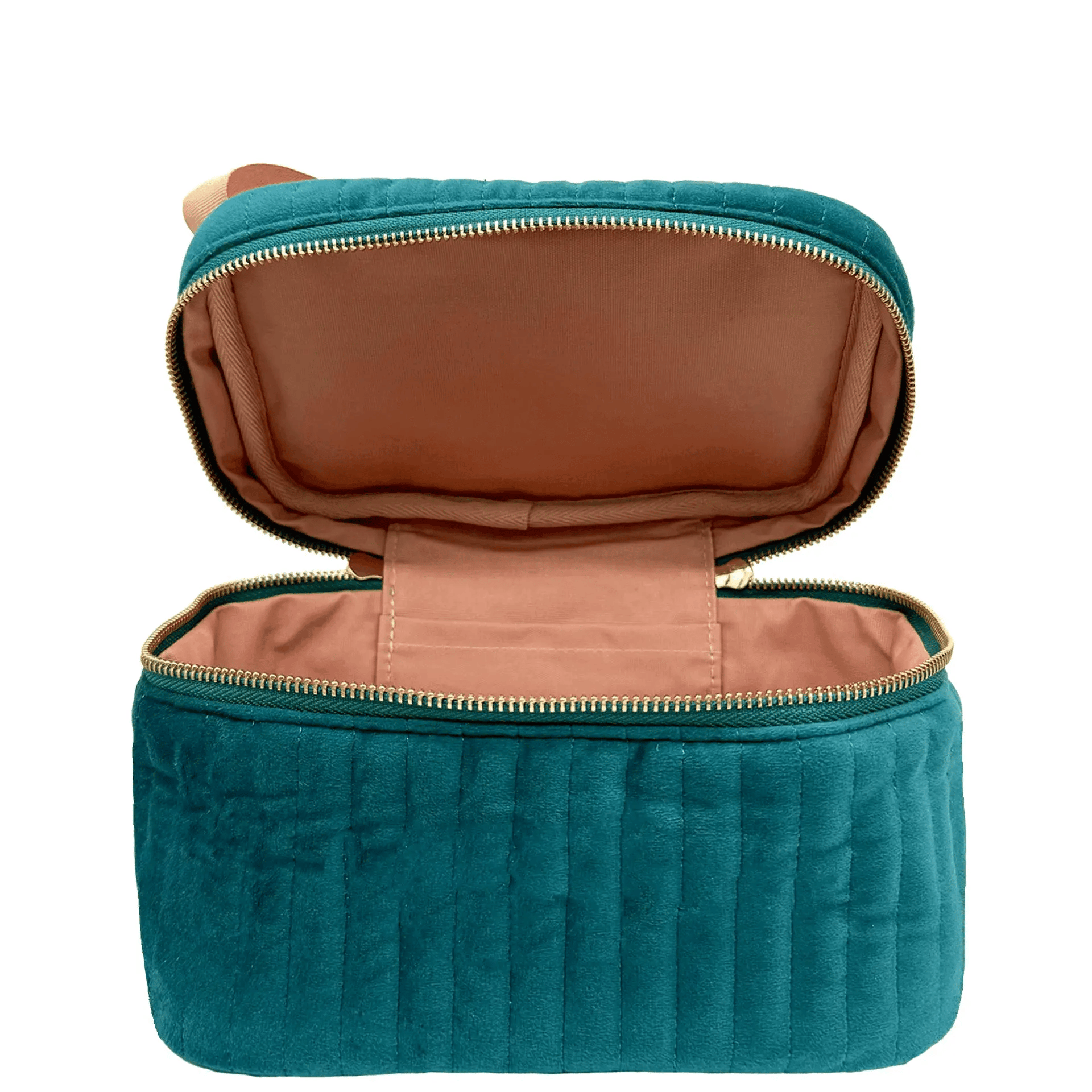 Open quilted teal velvet cosmetic box with waterproof interior by Bag-all for stylish makeup storage