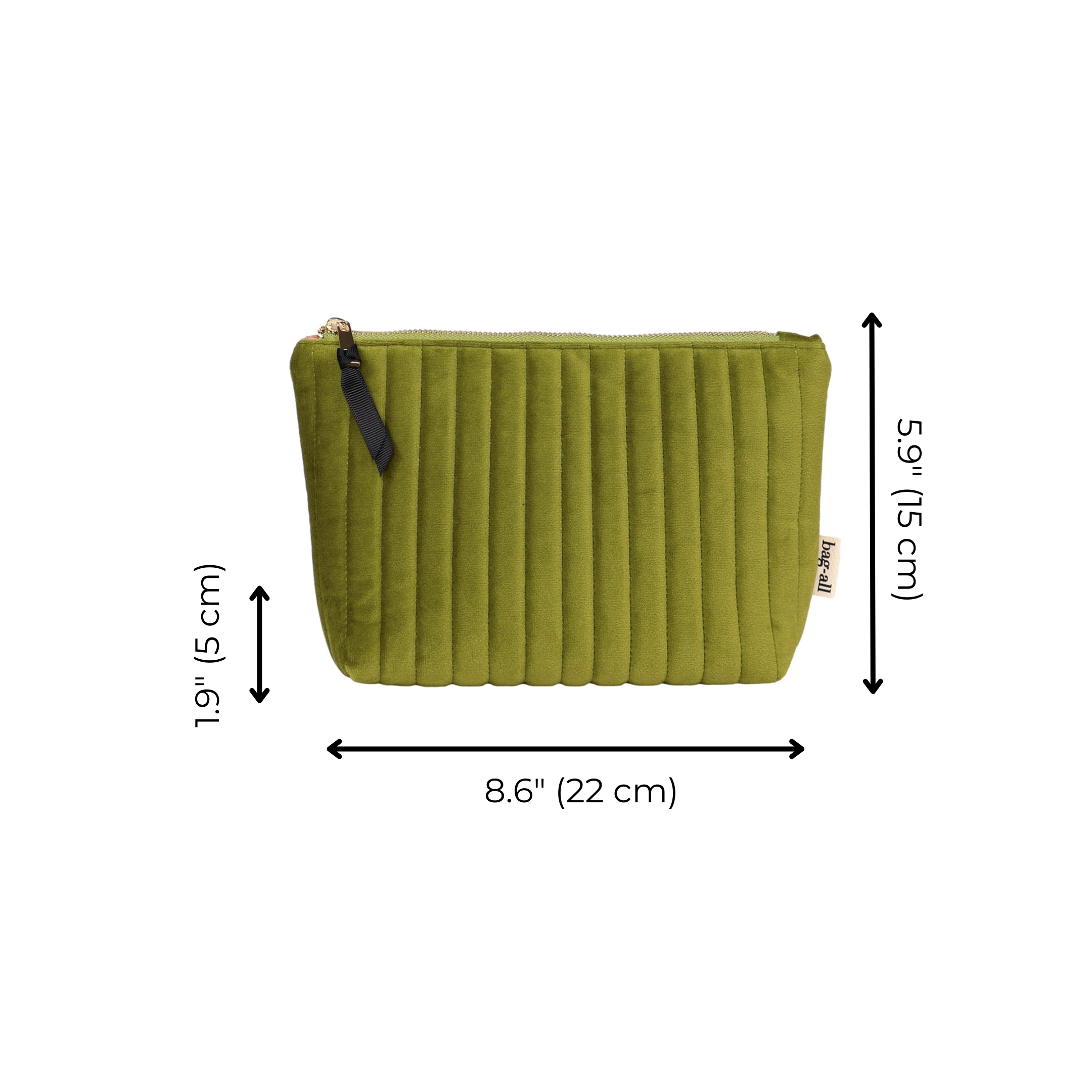 Green quilted velvet makeup pouch with coated lining and black zipper pull by Bag-all on white background