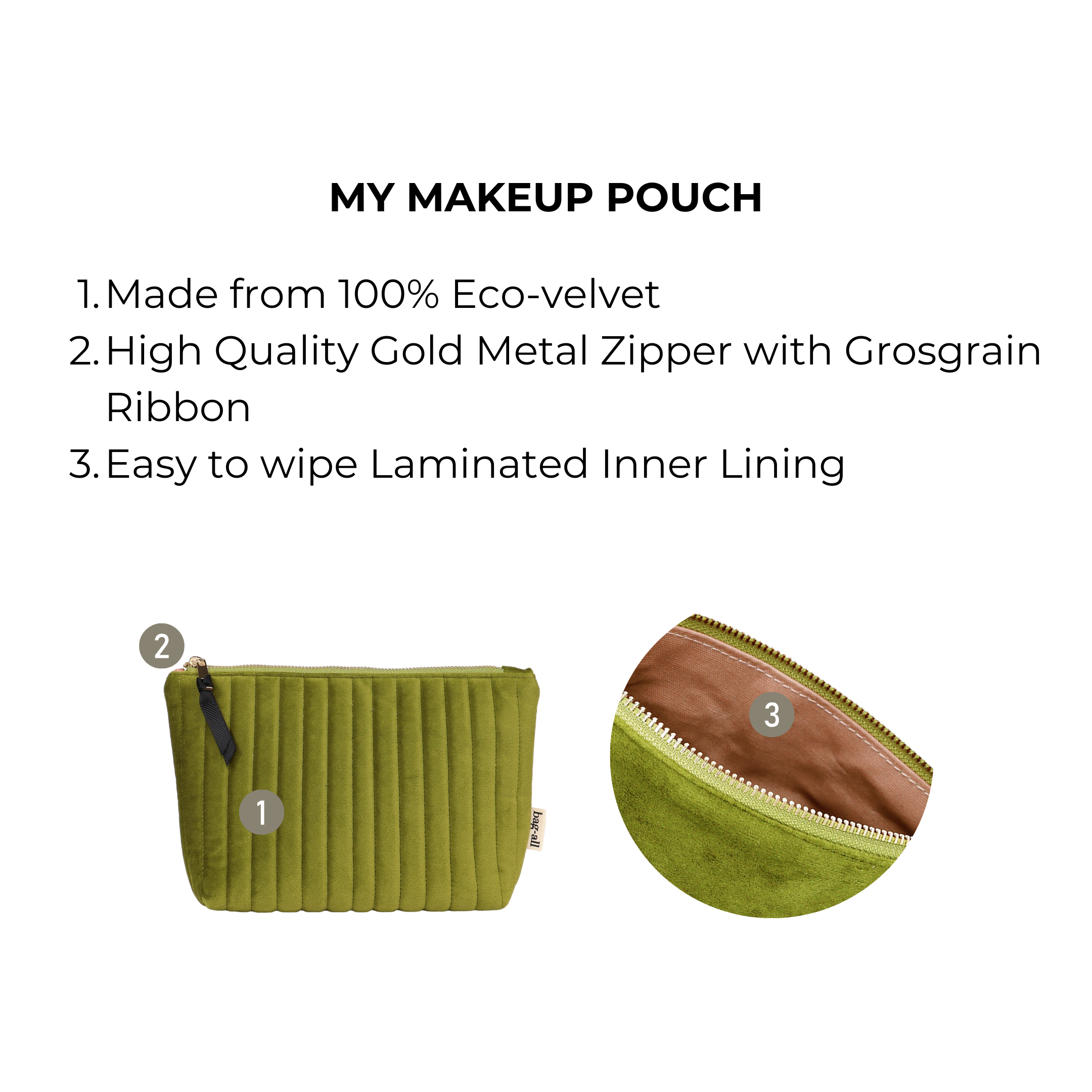 Green quilted velvet makeup pouch with gold zipper and laminated inner lining by Bag-all