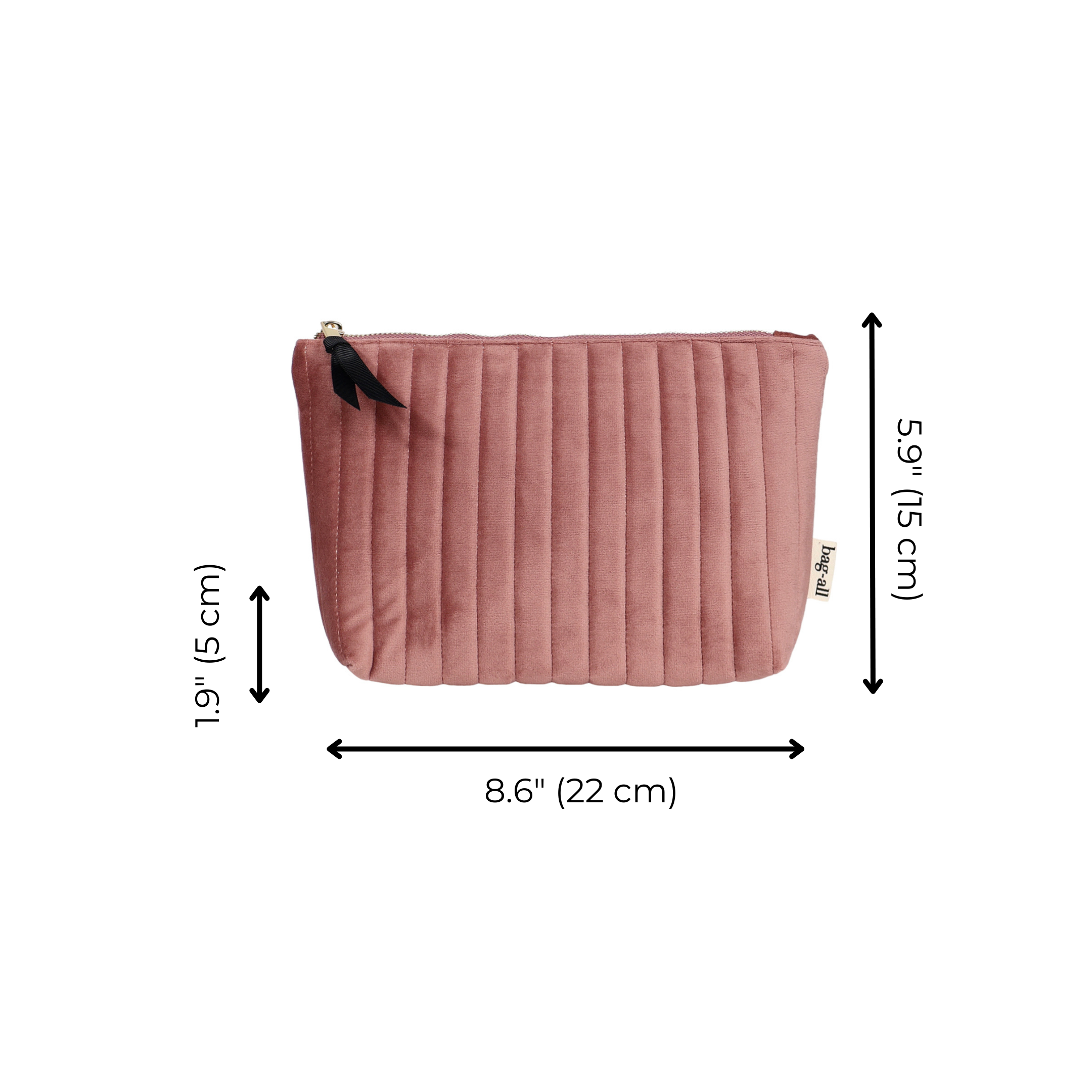 Quilted pink velvet makeup pouch with coated lining and black zipper pull from Bag-all on white background