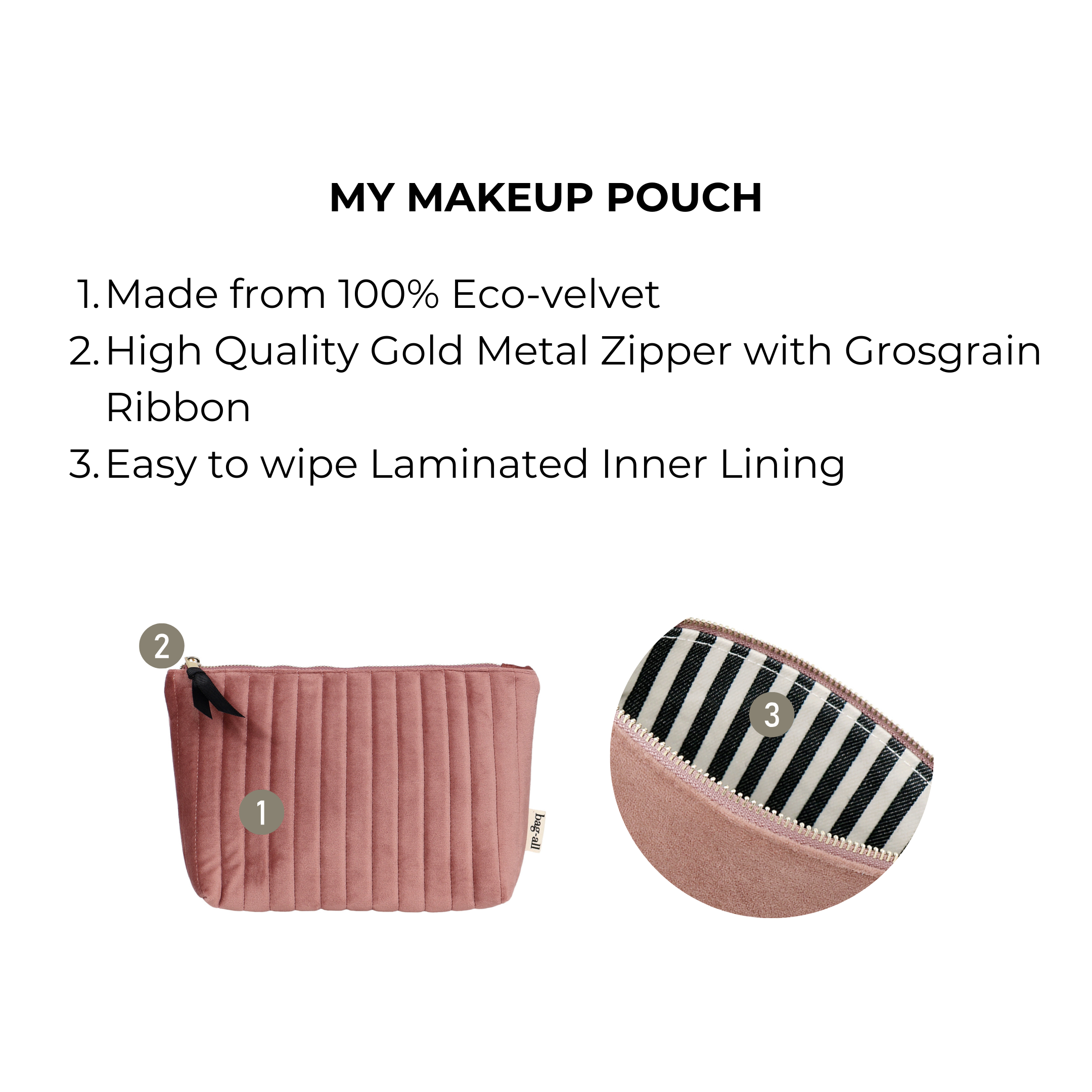 Quilted pink velvet Bag-all makeup pouch with gold zipper and striped coated inner lining for easy cleaning