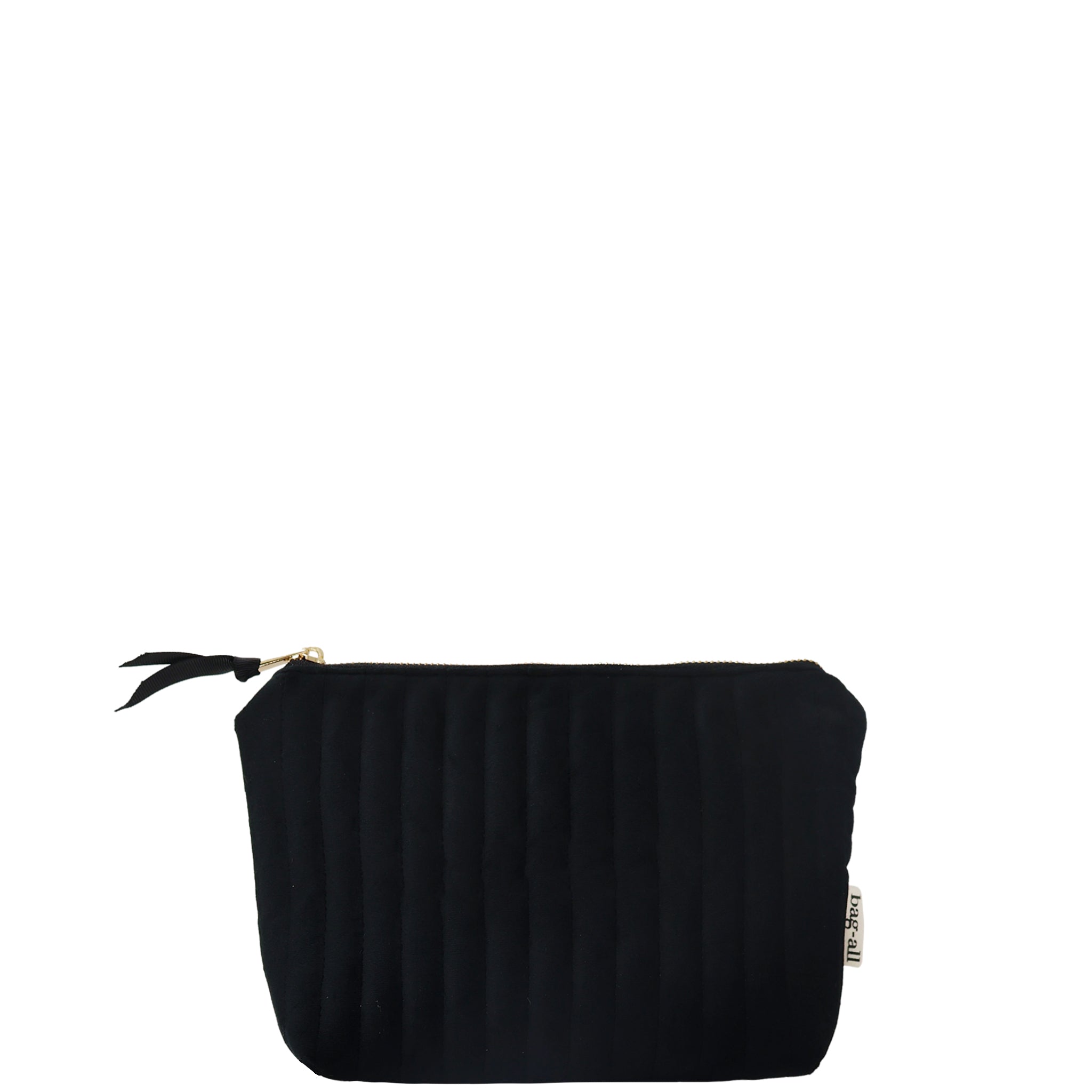 Black quilted velvet makeup pouch with coated lining and zipper, lightweight and compact by Bag-all