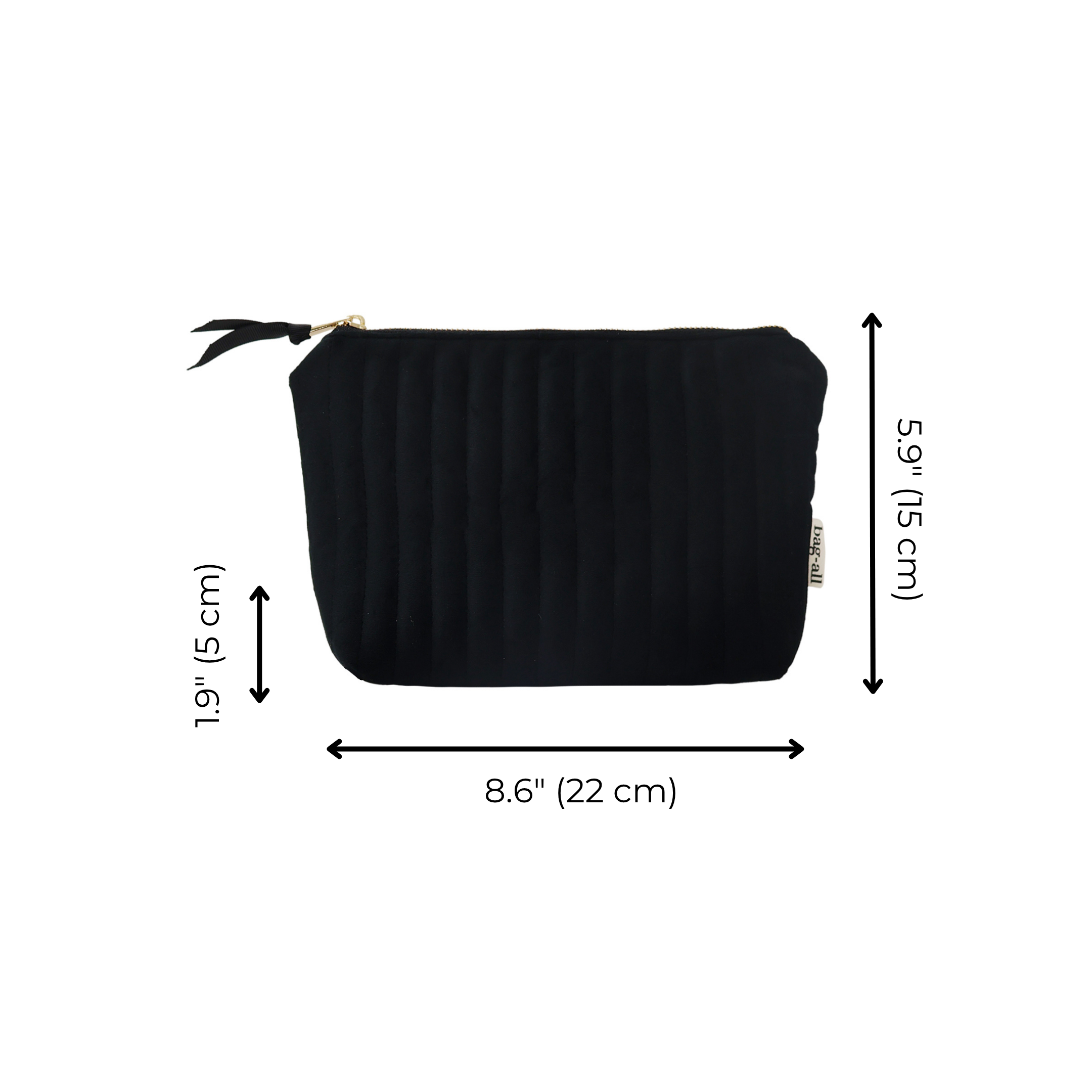 Quilted black velvet makeup pouch with coated lining, compact and stylish organizer by Bag-all.