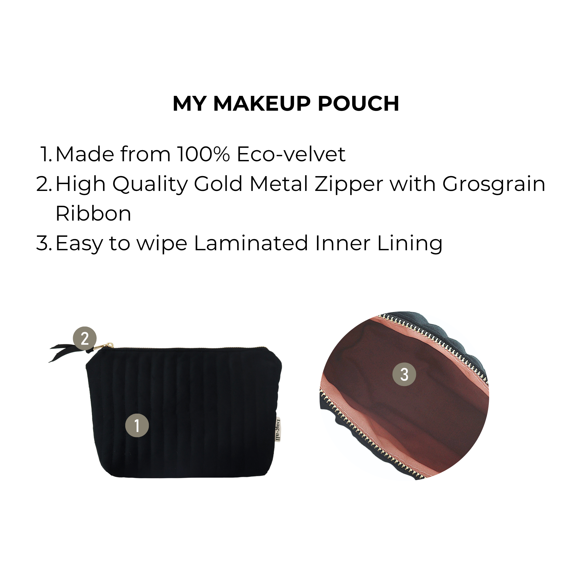 Black quilted makeup pouch by Bag-all with eco-velvet exterior, gold zipper, and easy-wipe laminated lining interior