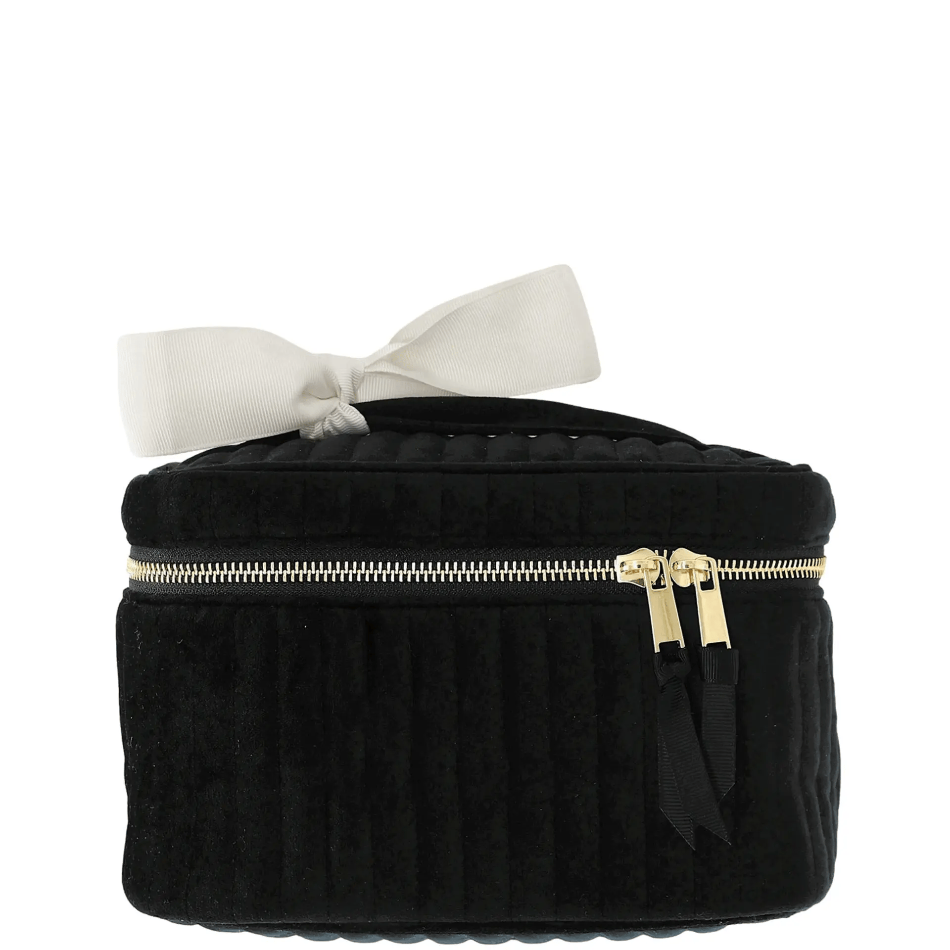 Bag-all black velvet quilted cosmetic box with double gold zipper and white bow handle for sleek storage and travel.