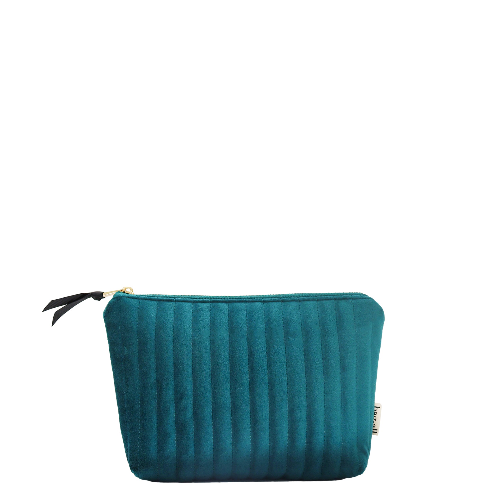 Quilted teal velvet makeup pouch with coated lining, compact and stylish organizer by Bag-all.