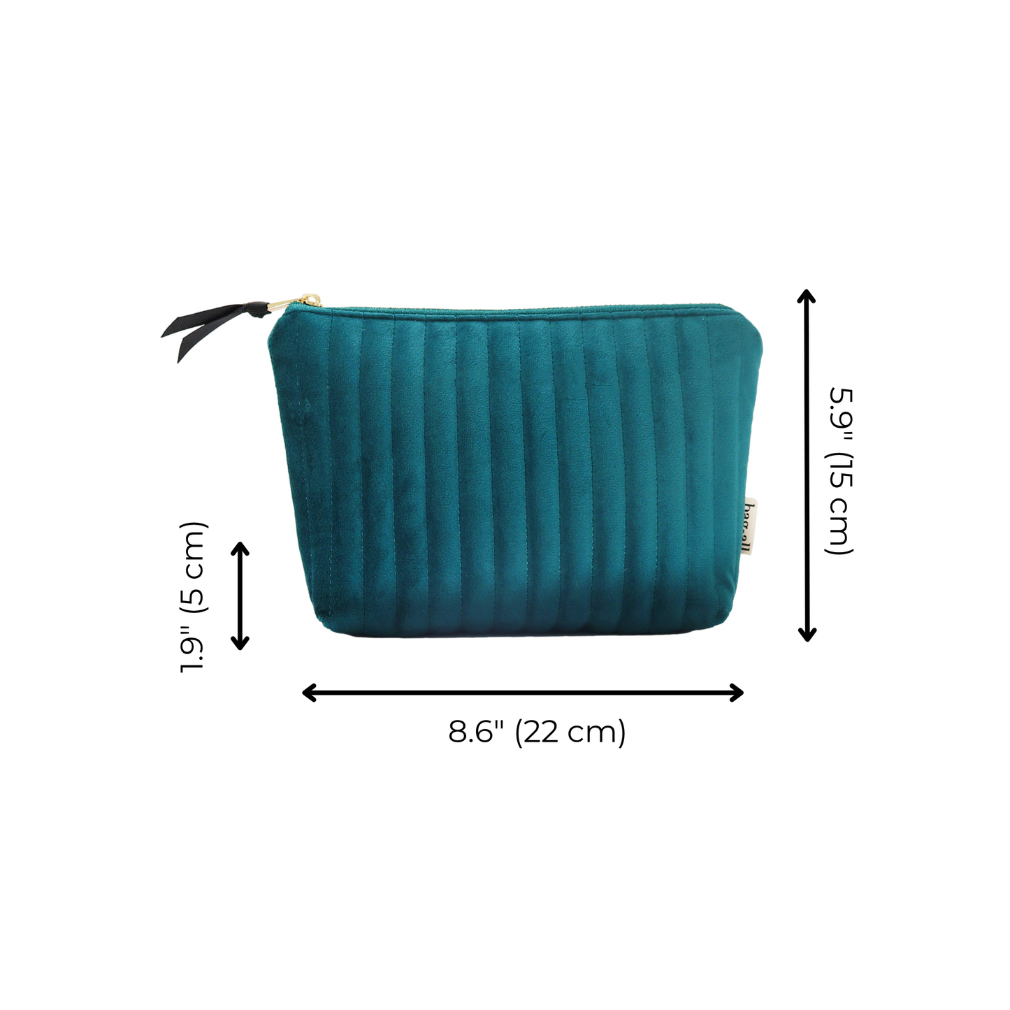 Quilted teal velvet makeup pouch with coated lining, compact and stylish organizer by Bag-all.