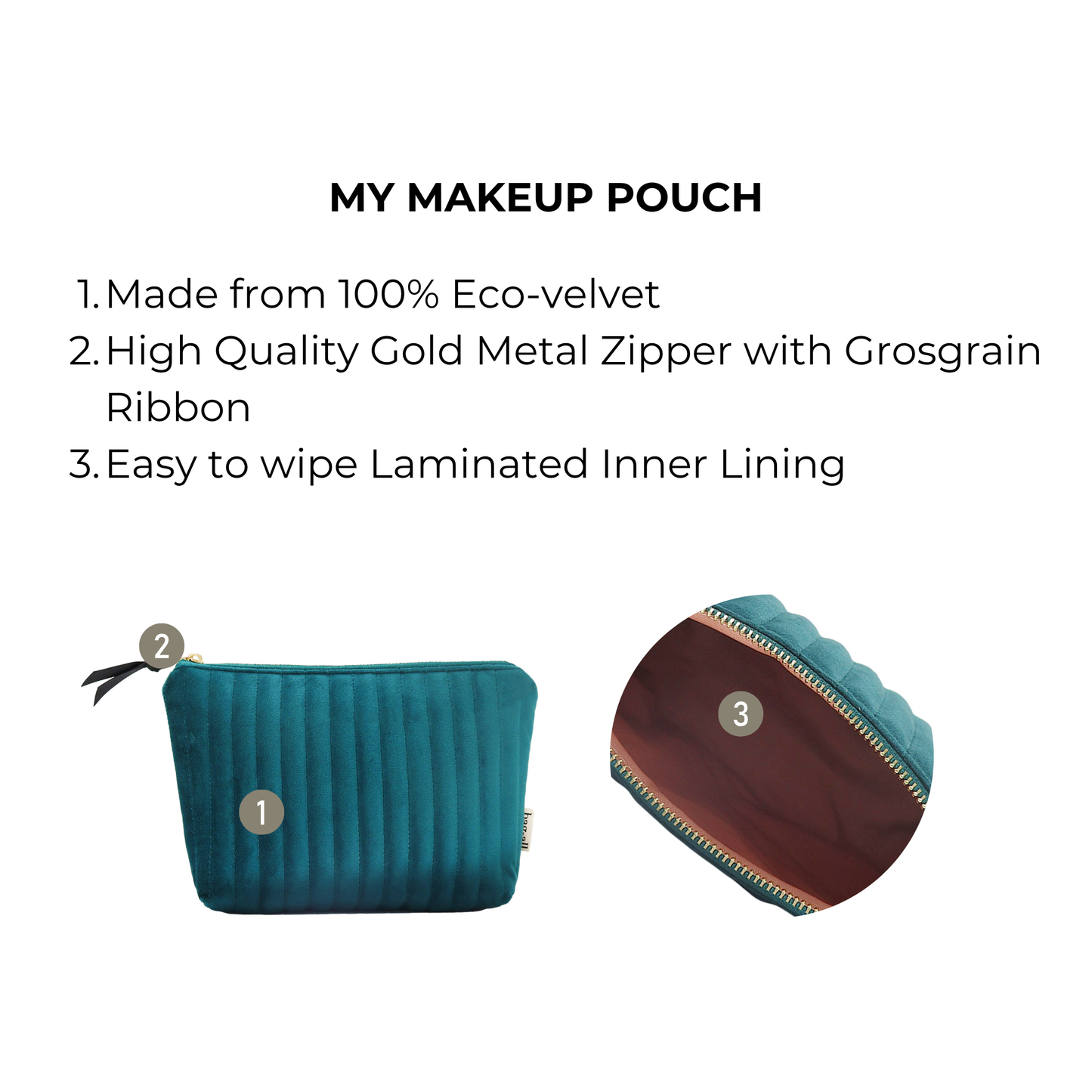 Teal quilted velvet makeup pouch with gold zipper and wipe-clean laminated lining by Bag-all