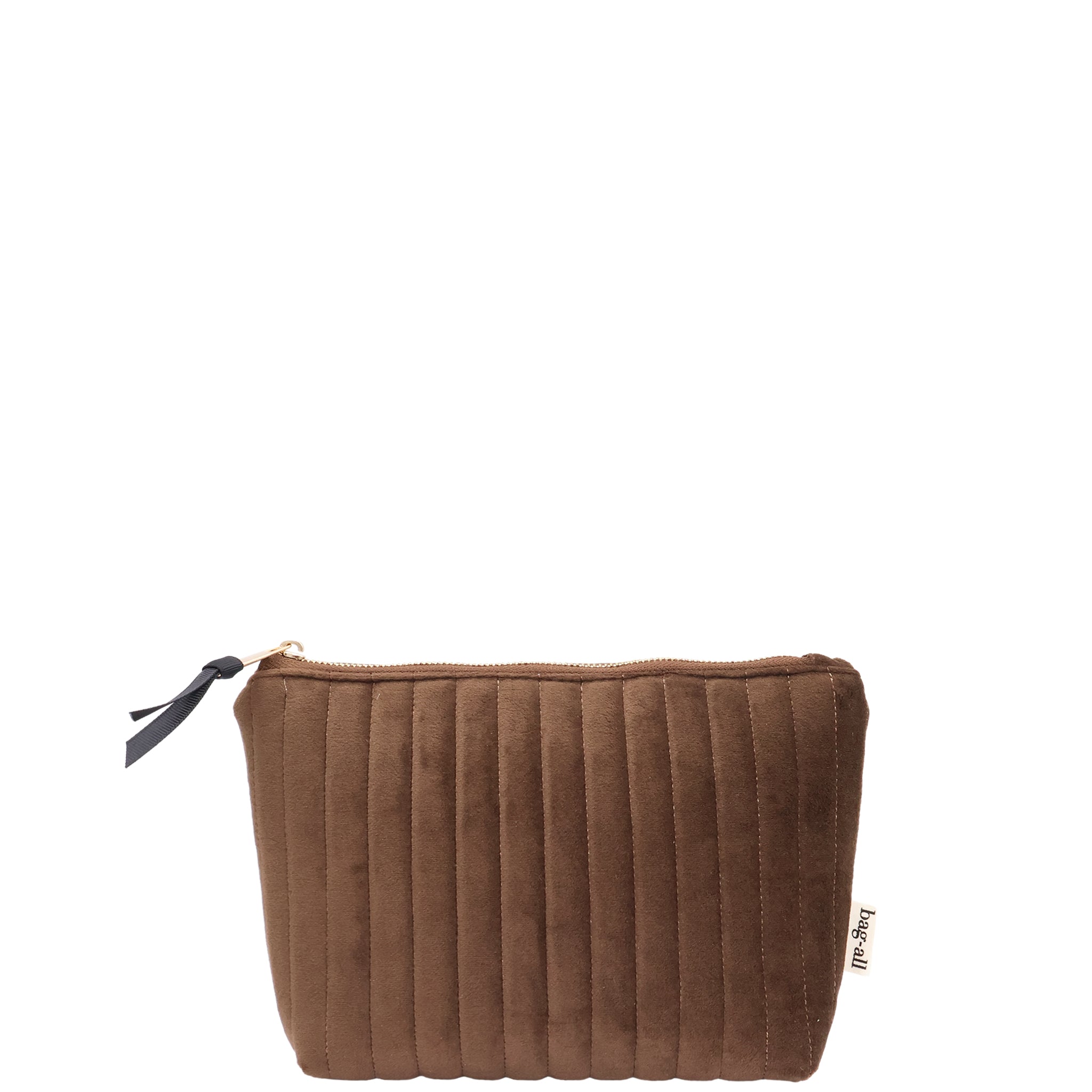 My Makeup Pouch, Coated Lining – Quilted Eco Velvet – Espresso Brown with gold zipper and black pull, crafted by Bag-all for stylish travel organization.