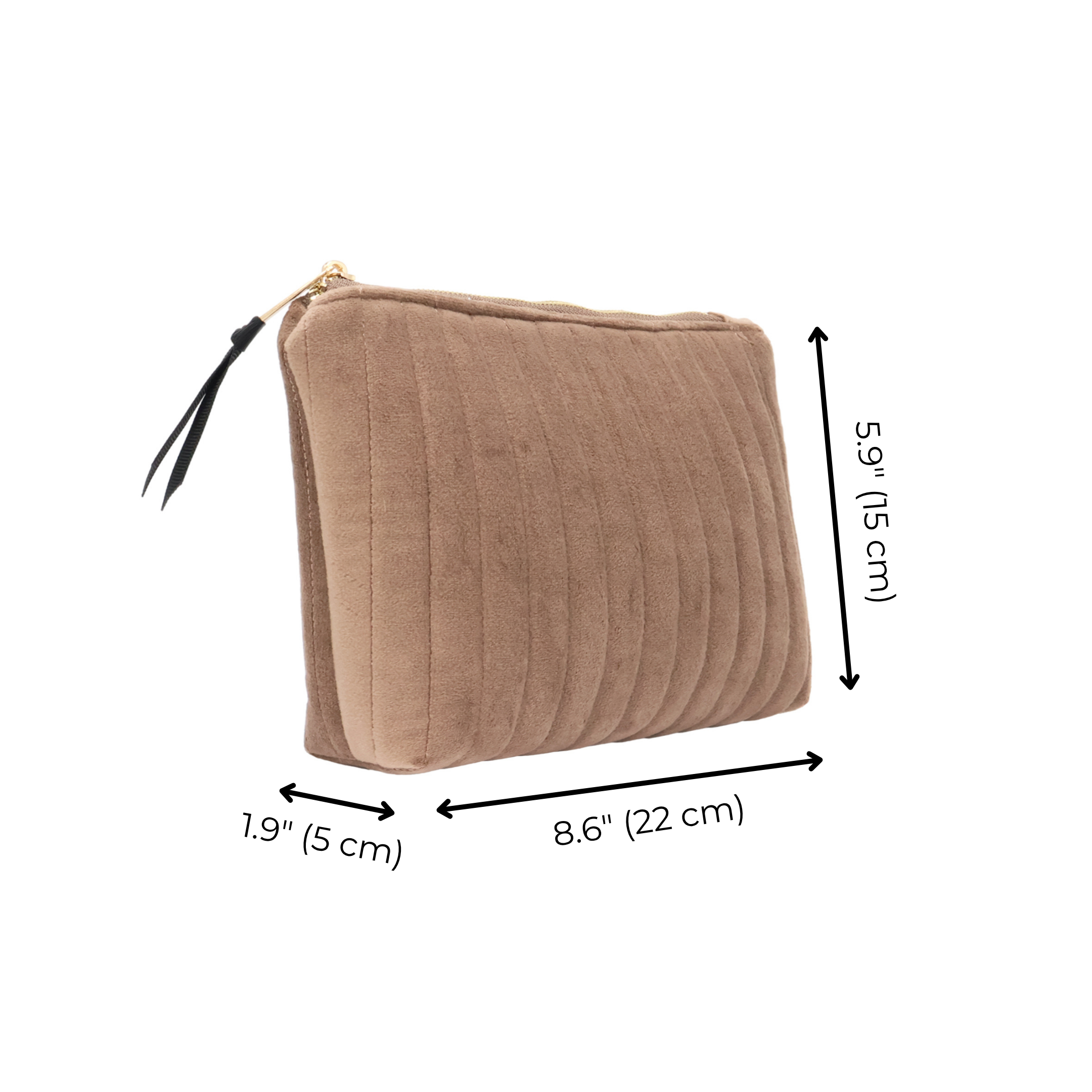 My Makeup Pouch, Coated Lining – Quilted Eco Velvet – Latte Taupe with gold zipper and black ribbon pull, ideal for personalized travel organization by Bag-all.