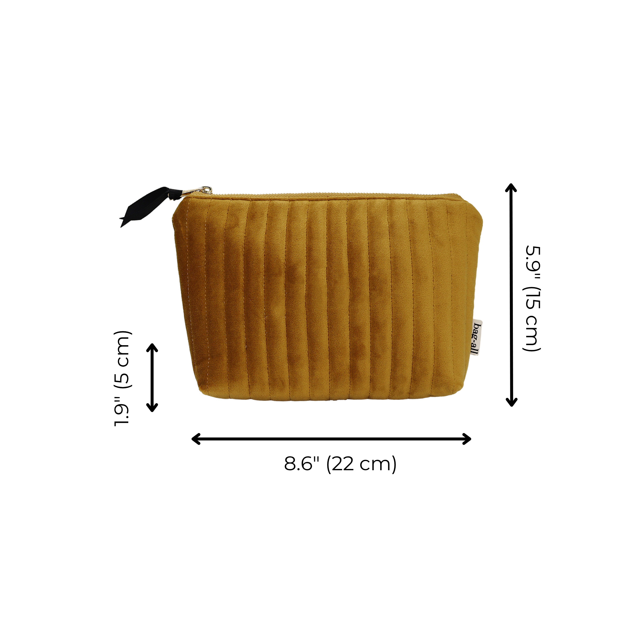 Bag-all quilted yellow velvet makeup pouch with waterproof lining, compact and stylish for easy beauty storage.