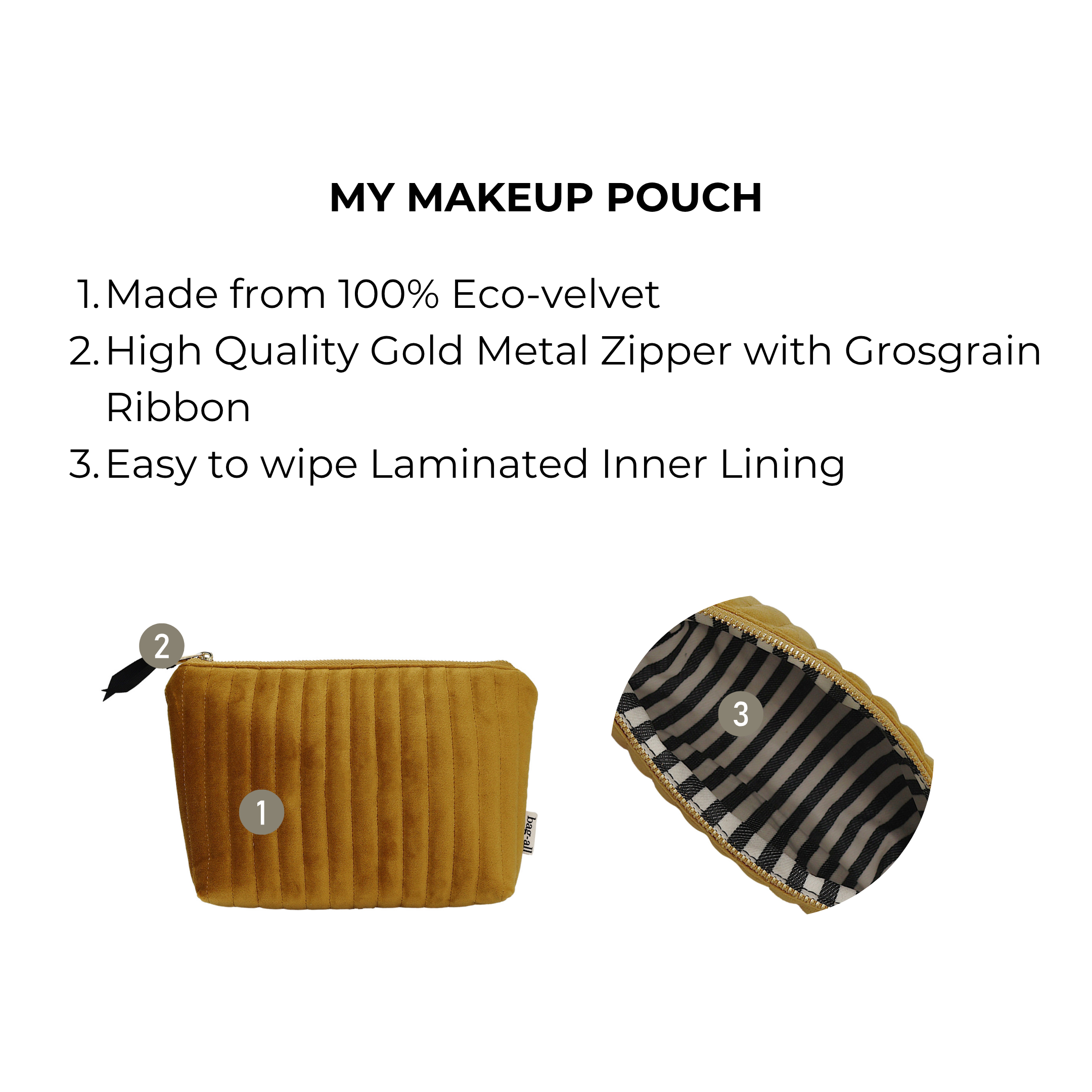 Bag-all quilted yellow velvet makeup pouch with gold zipper and easy-clean laminated inner lining for stylish storage.